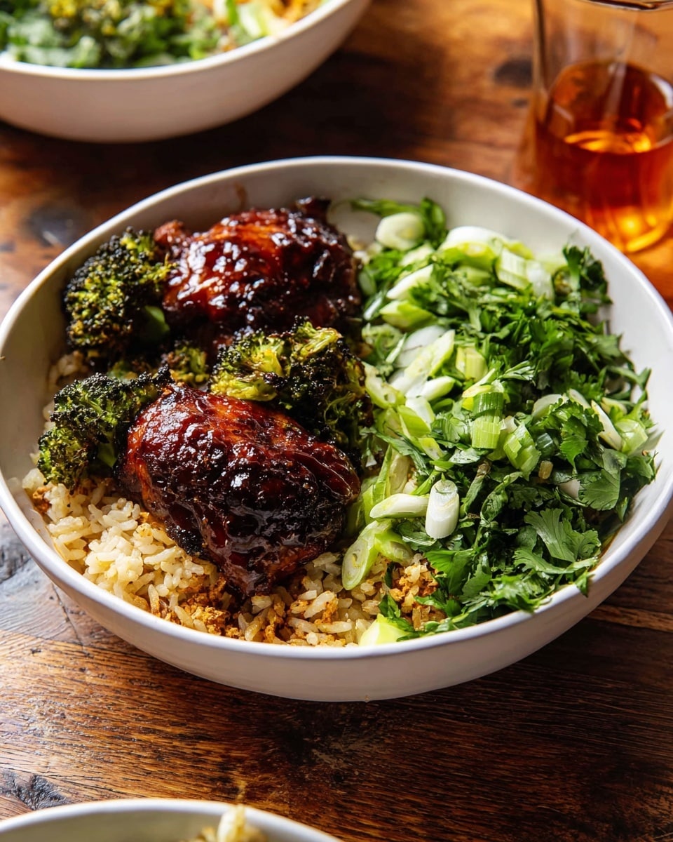 A white bowl holds a dish with three pieces of dark brown glazed chicken on the left, each piece topped with small roasted broccoli florets. Under the chicken is a base layer of light brown fried rice with some golden crispy bits mixed in. On the right side of the bowl is a fresh layer of bright green sliced scallions mixed with chopped cilantro, adding a crisp and leafy texture. The bowl sits on a wooden surface with a blurred second white bowl in the background containing similar ingredients, and a glass with amber liquid nearby. photo taken with an iphone --ar 4:5 --v 7