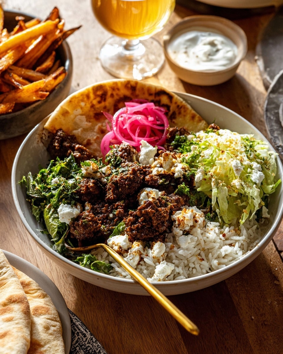 A white bowl holds a colorful dish with four main layers. The bottom layer is white cooked rice filling about half the bowl on one side. On top of the rice, there is a layer of dark brown spiced ground meat with slightly crispy pieces and a few creamy white dollops scattered across. Next to the meat, a mix of fresh green herbs and shredded lettuce with some bright pink pickled onion slices sits on one side. A folded piece of light golden flatbread leans on the edge of the bowl behind the greens. A golden spoon rests inside the bowl on the rice side. The bowl is placed on a wooden table with some golden-brown fries and a small white bowl of creamy sauce nearby, and a glass of a light golden drink is visible in the background. Photo taken with an iphone --ar 4:5 --v 7