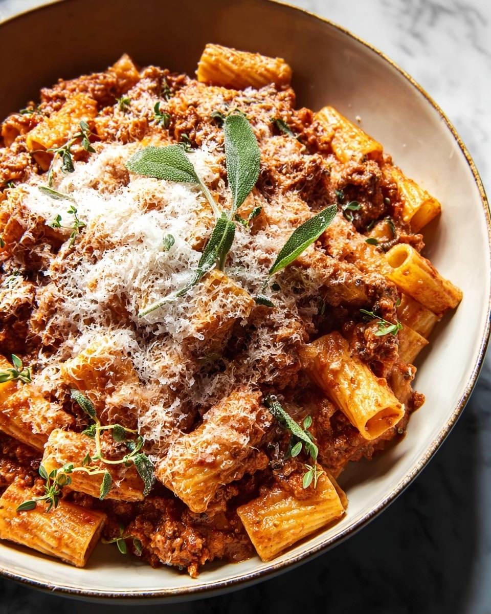 A close-up view of a bowl filled with rigatoni pasta covered in a rich brown meat sauce mixed with a creamy red sauce, creating a textured, hearty layer of sauce around the pasta. The pasta pieces are cylindrical and golden yellow, visible under a generous sprinkle of grated white cheese spread evenly on top. Dark green crispy sage leaves and small fresh green herb sprigs are scattered over the cheese, adding a fresh contrast and texture. The bowl is white with subtle dark marbled lines around the edges, sitting on a white marbled surface. Photo taken with an iphone --ar 4:5 --v 7