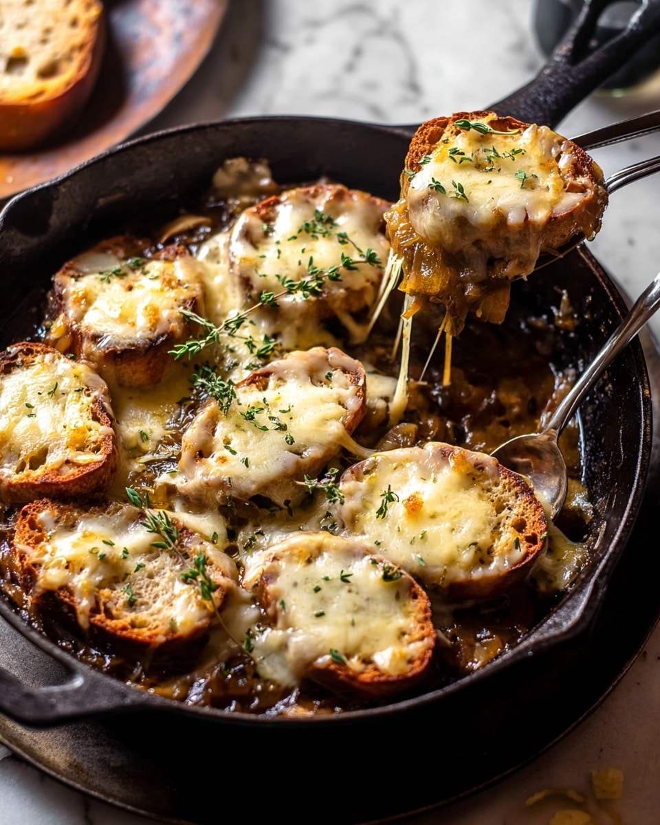 A cast iron skillet filled with a rich, creamy brown onion soup base as the bottom layer, topped with several pieces of toasted baguette slices arranged unevenly across the soup. Each baguette slice is golden brown and covered with melted cheese that is slightly browned and bubbly, stretching from some slices. Fresh green thyme leaves are scattered on top, adding a touch of color and freshness. Two silver serving spoons rest inside the skillet, one lifting a slice of the cheesy baguette, showing the gooey texture. The skillet sits on a dark tray on a white marbled surface, next to a brown cloth and some glassware blurred in the background. Photo taken with an iphone --ar 4:5 --v 7