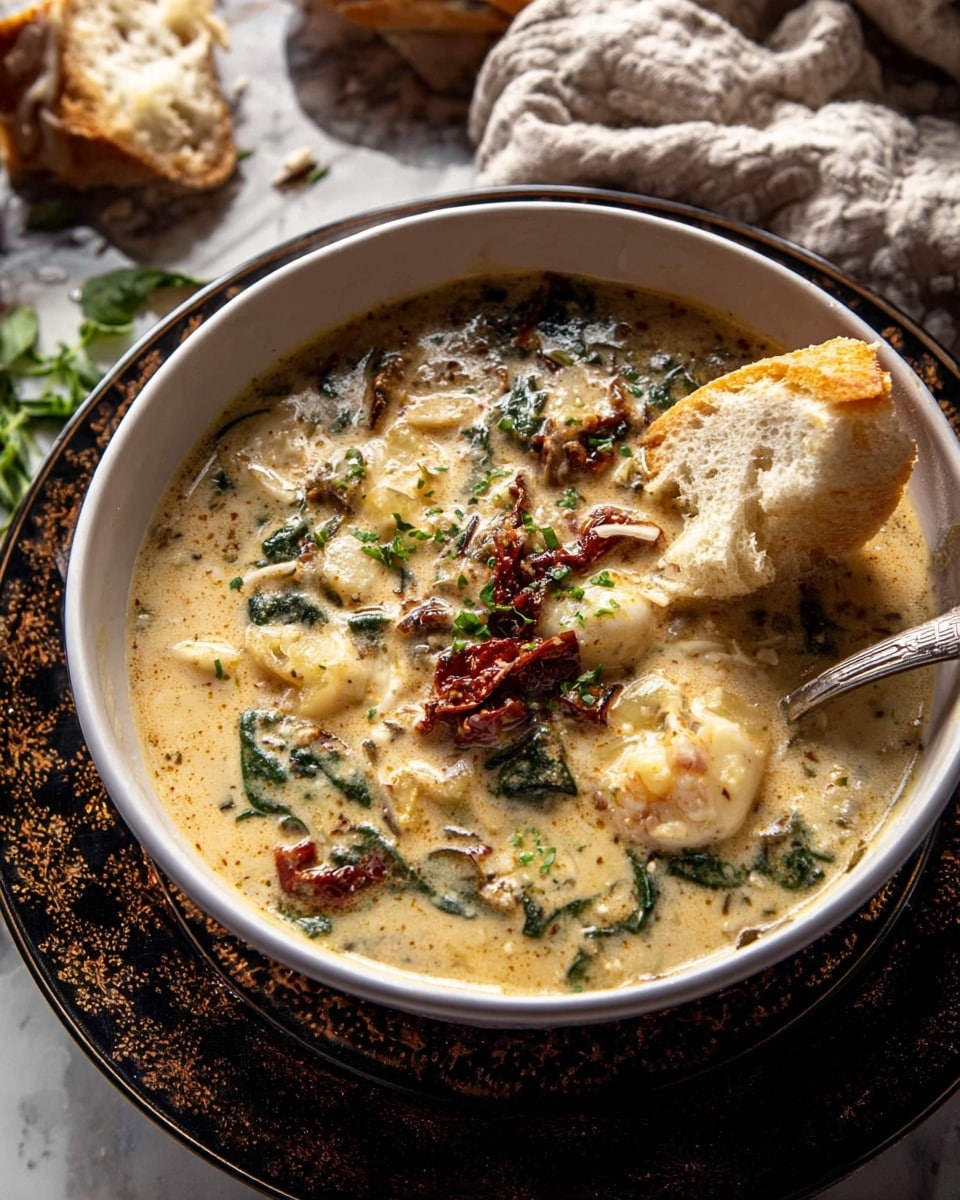 A white bowl filled with creamy, thick soup with small pasta, green herbs, and sun-dried tomatoes mixed inside. The soup has a light tan color with flecks of green and red throughout. A spoon rests in the bowl with a torn piece of crusty bread dipped into the soup, showing the soft, airy texture of the bread. The bowl sits on a dark, ornate plate and is placed on a soft brown cloth on a white marbled surface. In the background, there is a glass container and a piece of torn bread. photo taken with an iphone --ar 4:5 --v 7