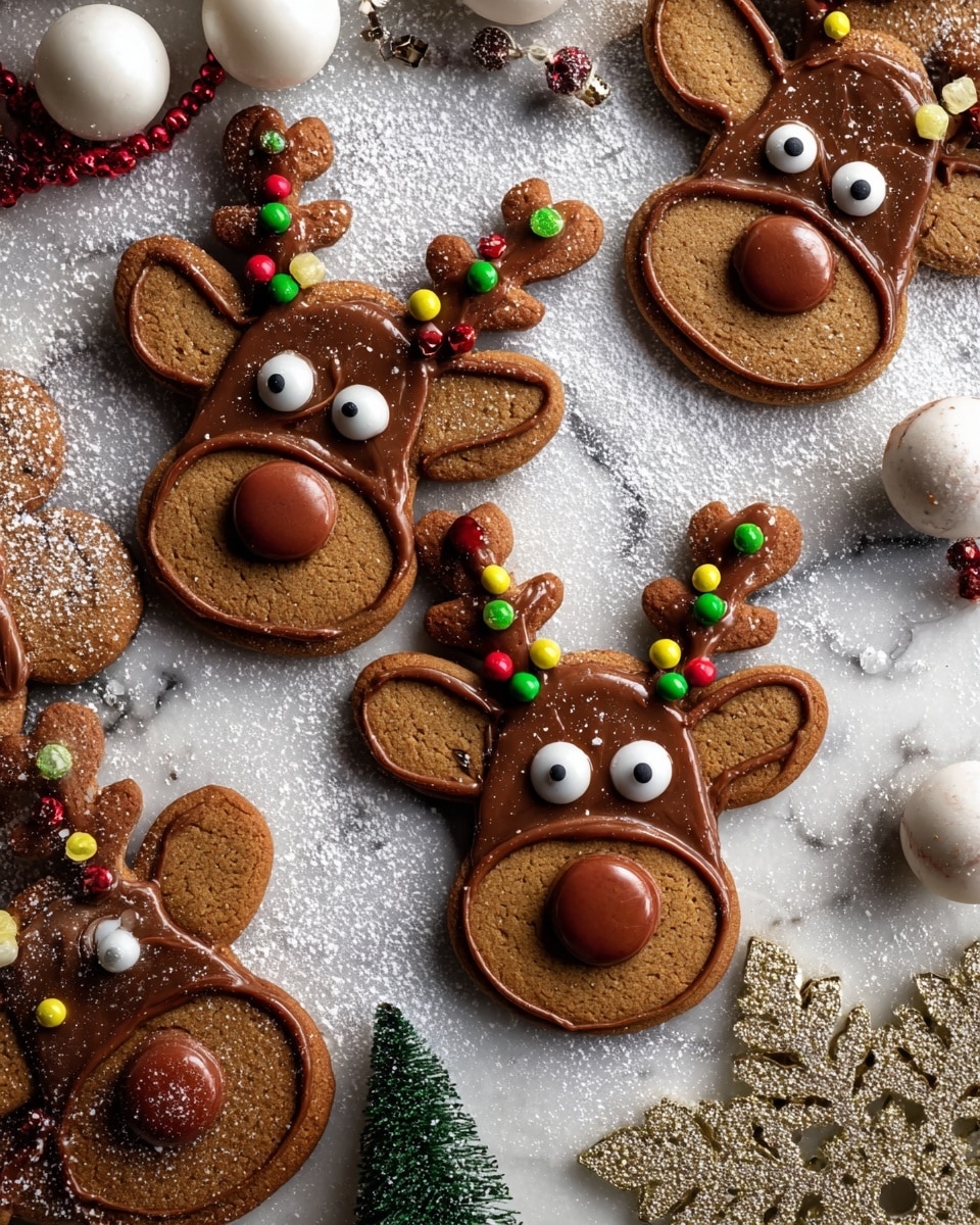 Several reindeer-shaped gingerbread cookies lie on a white marbled surface dusted with powdered sugar. Each cookie has three distinct layers: the base is a darker brown gingerbread, next a shiny medium brown chocolate-like face covering most of the head shape, and finally colorful small candy beads decorating the antlers in red, green, and yellow. The eyes are white with black pupils, giving the reindeer a playful expression, while the nose is a small round chocolate piece. Among the cookies are white ornaments with red and brown accents and a small green bottle brush tree, all adding a festive vibe. A gold glitter snowflake ornament rests near the bottom left corner of the image. Photo taken with an iphone --ar 4:5 --v 7