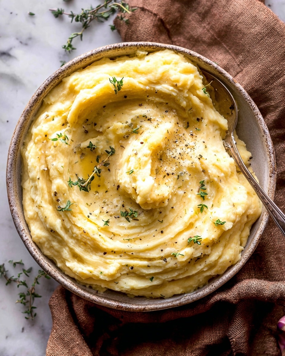 A thick, creamy mashed potato dish is shown in a deep white bowl with a rustic dark speckled trim, swirling with soft, smooth texture in multiple folds. The mashed potatoes are light yellow with some tiny black pepper specks on top, and green fresh thyme sprigs are sprinkled across the center and sides. A metal spoon is partially digging into the right side, creating high, soft ridges and stringy cheese pulls. Below the bowl, a woman's hand holds the edge of a brown cloth that rests on a white marbled surface under soft, warm lighting. Photo taken with an iphone --ar 4:5 --v 7