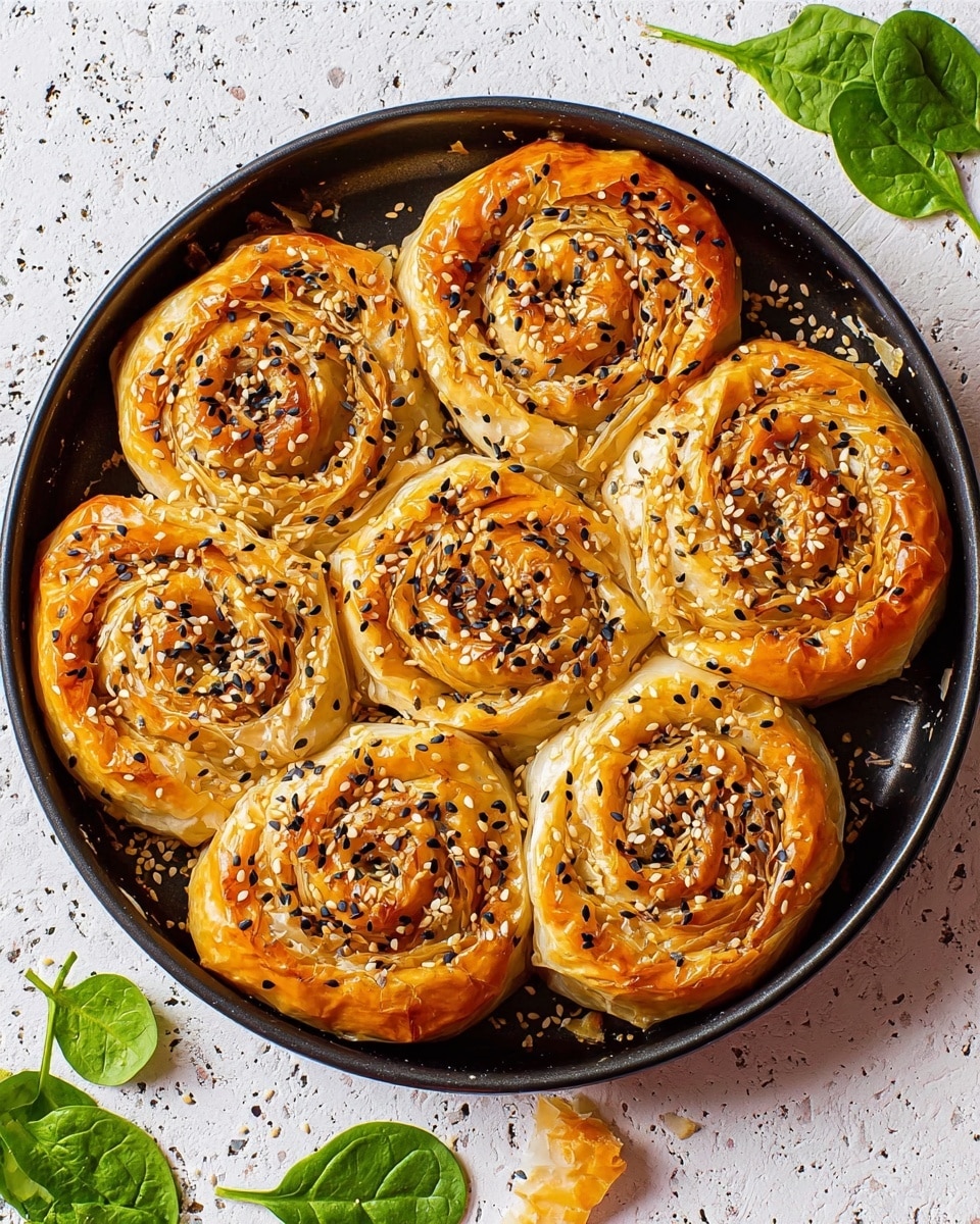 A black round baking pan holds six spiral-shaped pastries with golden-brown, flaky layers, each topped with small black seeds evenly spread over the surface. The spirals are neatly placed close together, showing a soft, slightly shiny texture with some crisp edges visible. The pan sits on a white marbled surface with small torn bits of pastry nearby, and bright green spinach leaves placed at the top right corner add a fresh touch. photo taken with an iphone --ar 4:5 --v 7