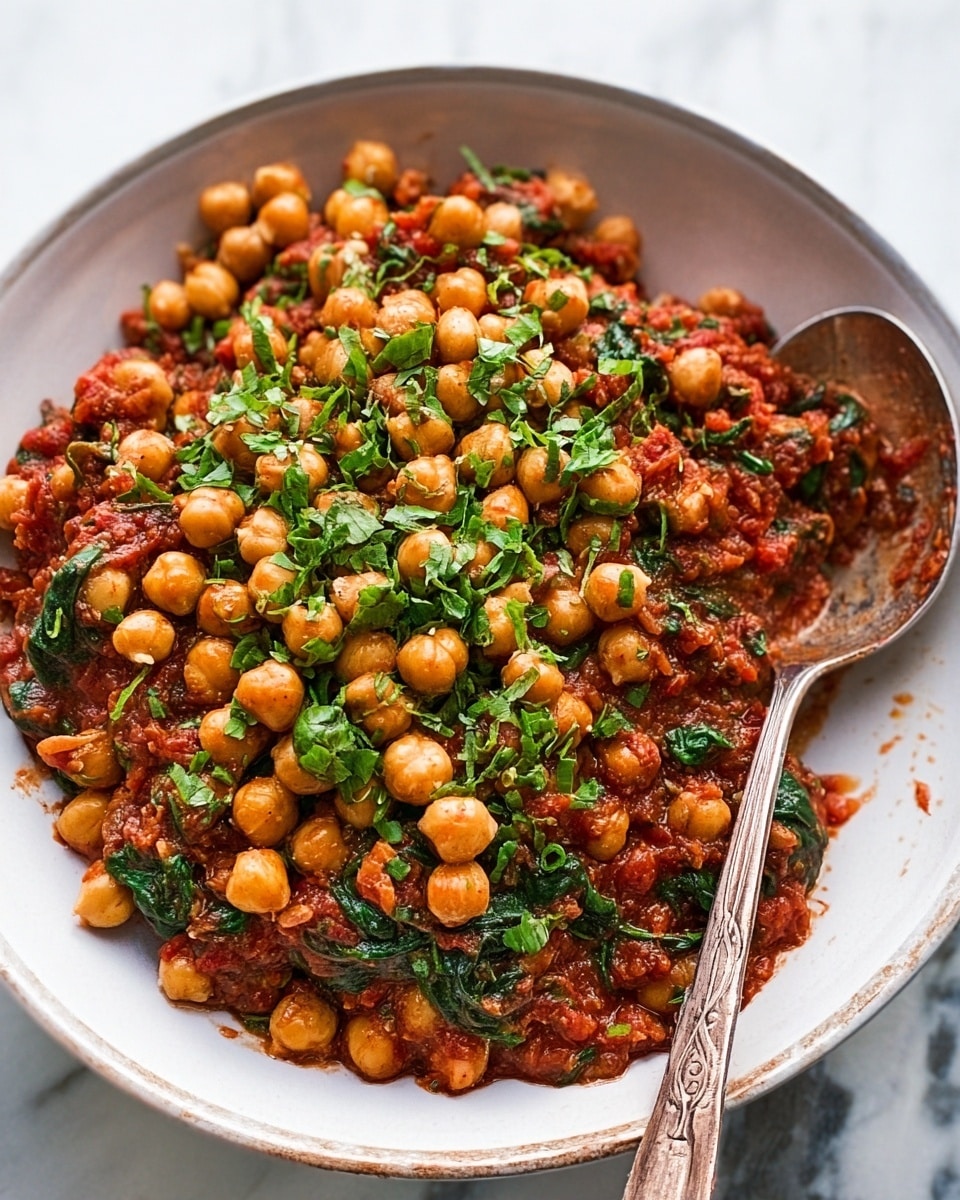A white bowl filled with a cooked chickpea dish sits on a white marbled surface. The dish has two main layers: the bottom layer is a thick red tomato-based sauce mixed with tender spinach leaves, creating a mix of red and dark green colors with a soft, saucy texture. On top, whole chickpeas are scattered evenly, light beige in color and slightly shiny from cooking. Fresh, roughly chopped green herbs are sprinkled over everything, adding a fresh look. A large metal serving spoon with a brownish handle is resting inside the bowl on the right side. photo taken with an iphone --ar 4:5 --v 7