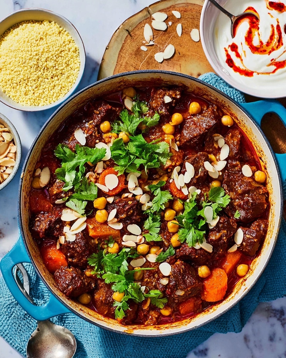 A large blue pot filled with a rich stew made of several thick layers: chunks of brown cooked meat scattered through the dish, bright orange carrot pieces, and round beige chickpeas all mixed in a deep red tomato-based sauce. The stew is topped with light tan almond slices and fresh green cilantro leaves, adding both texture and color contrast. The pot sits on a wooden board on a white marbled surface, next to a white bowl with yellow couscous and another white bowl containing a creamy dip with red spicy sauce swirled on top and a spoon resting inside. A blue cloth is partially visible under the pot. photo taken with an iphone --ar 4:5 --v 7