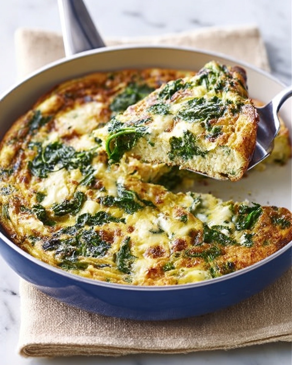 A blue pan filled with a golden-brown baked frittata that has mixed green leafy vegetables like spinach scattered throughout. The frittata looks fluffy with a slightly crusty top and melted cheese peeking through patches of green. A piece of the frittata is lifted by a metal spatula showing the inside layers of soft, creamy egg with green vegetable bits evenly spread. The pan rests on a folded beige cloth on a white marbled surface. Photo taken with an iphone --ar 4:5 --v 7