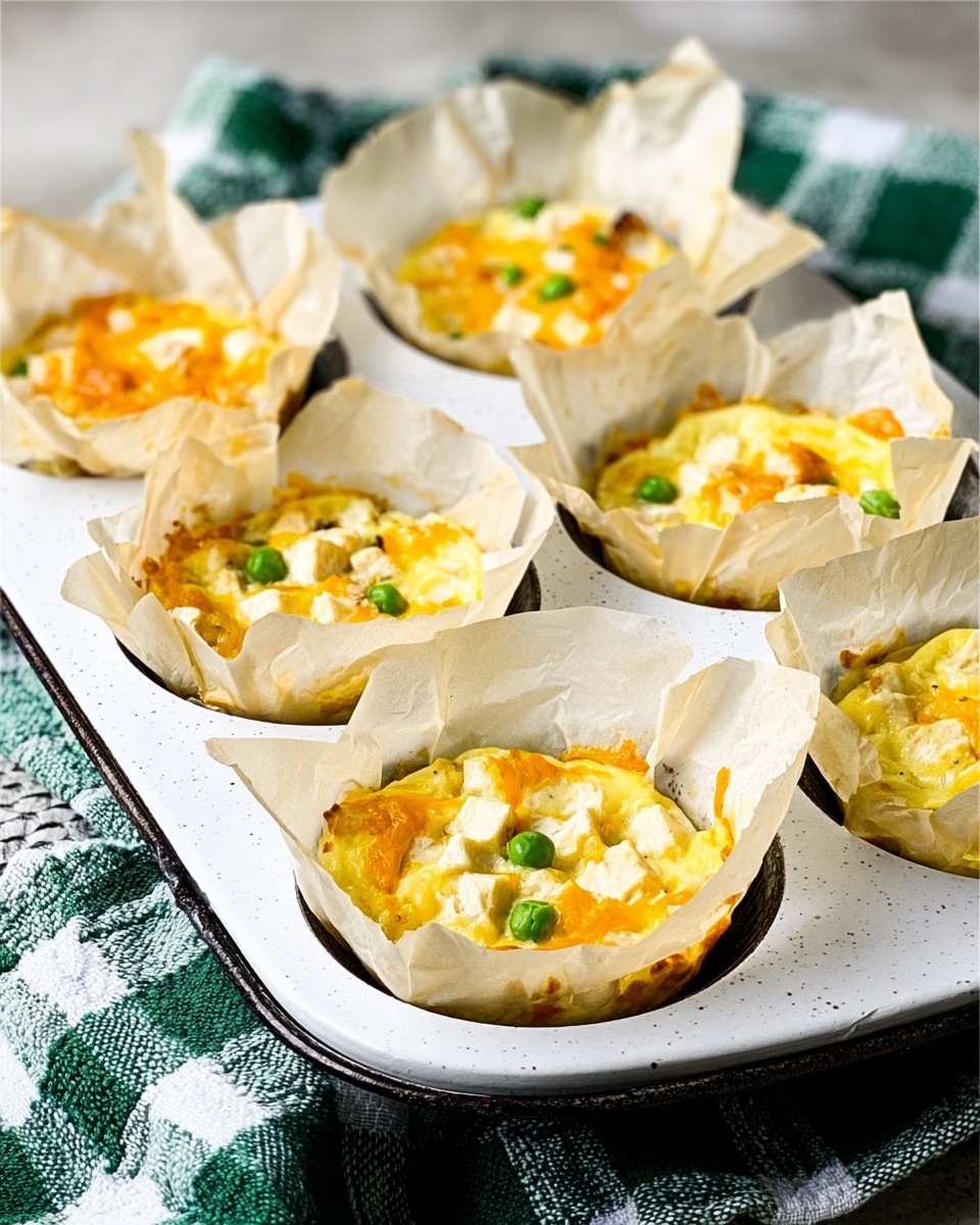 A white muffin tray holds five small baked egg cups, each lined with crinkled parchment paper. Each egg cup has a yellow-yellowish egg base with visible chunks of orange cheddar cheese, white tofu cubes, and small green peas scattered on top. The tray rests on a green-and-white checkered cloth placed on a white marbled surface, adding a cozy kitchen vibe. The lighting is warm and natural, highlighting the soft, fluffy texture of the egg cups. photo taken with an iphone --ar 4:5 --v 7