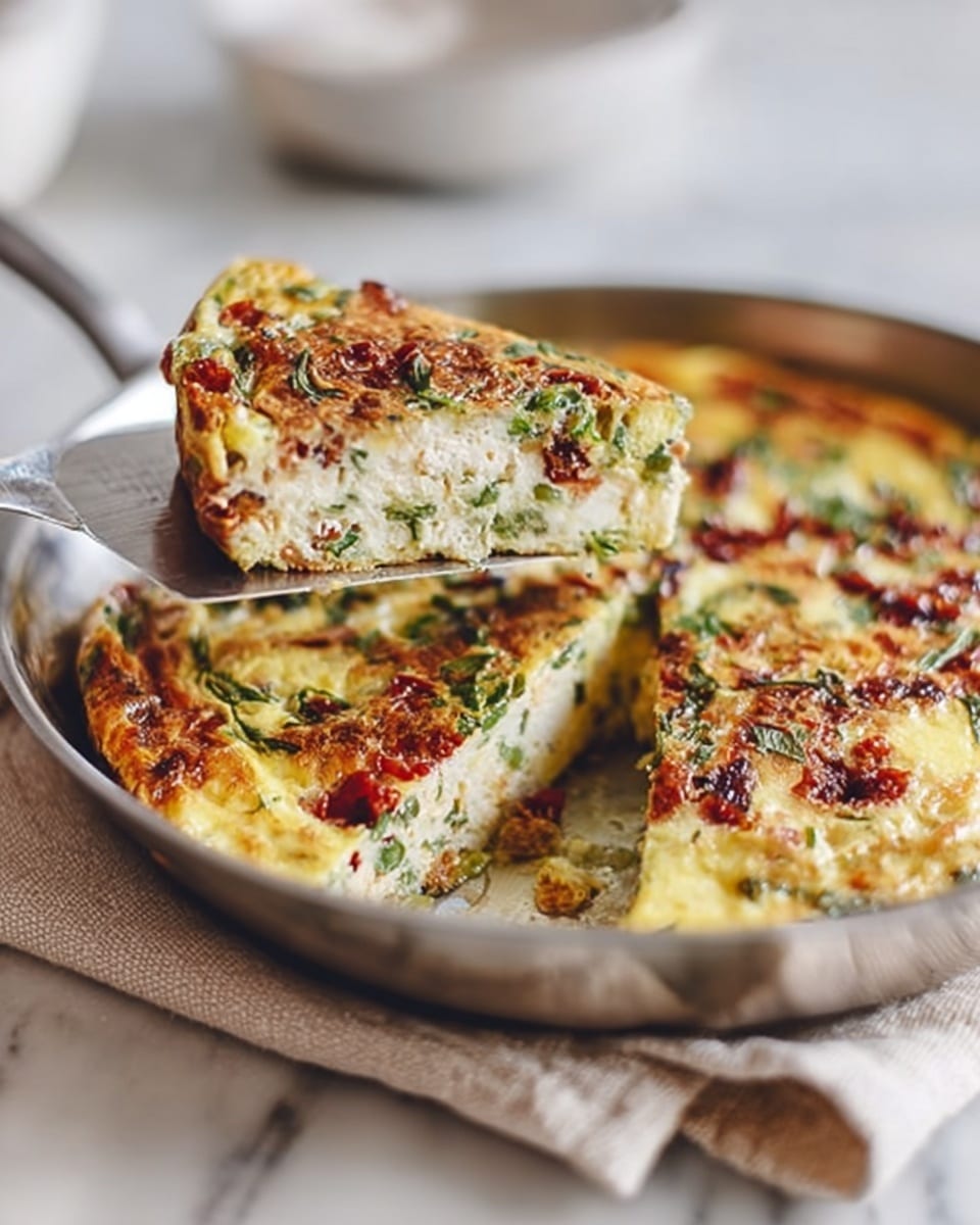A cooked frittata in a silver pan placed on a folded light beige cloth on a white marbled surface. The frittata has one thick layer with a mix of light yellow egg base and visible green herbs and vegetables, along with reddish-brown pieces that look like dried tomatoes or similar ingredients. The top surface is browned and slightly crispy with spots of golden yellow. A slice is being lifted out with a silver spatula, showing the same textured mix inside. The background is softly blurred with light and neutral colors. Photo taken with an iphone --ar 4:5 --v 7