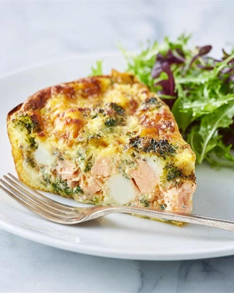 A white plate holds a thick, slice of baked dish with three visible layers: the bottom layer is white and firm, the middle layer is chunky and light pink, containing pieces of salmon, and the top layer is a golden-yellow egg mixture with green broccoli florets and small bits of spinach spread throughout. The slice is slightly browned on top with a textured surface, showing cooked eggs and melted cheese. To the right of the slice, a small pile of mixed green salad greens is placed as garnish. A silver fork lies next to the slice on the plate, all set on a white marbled surface. Photo taken with an iphone --ar 4:5 --v 7