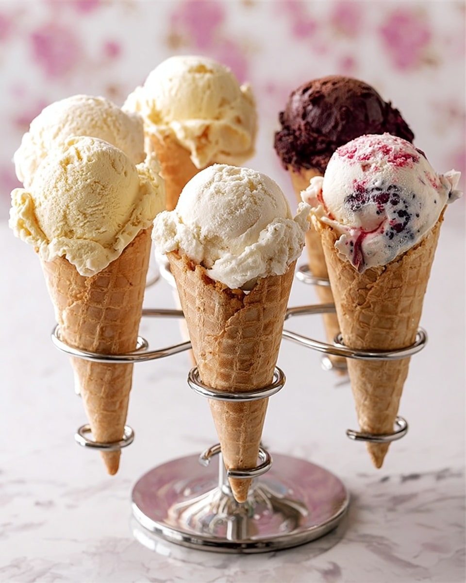 Six waffle cones hold different scoops of ice cream and are placed upright in a metal cone holder with circular rings, set on a white marbled surface with soft pink patterns in the background. The front left cone has white ice cream with purple and pink fruit swirls, slightly melting and dripping down the cone. To its left is plain white ice cream. Behind these front cones, two more cones show creamy white ice cream with visible texture and a light pink ice cream scoop with bits of fruit or nuts. On the right, one cone has white ice cream with dark purple berry swirls and crumbs on top, while the cone behind it holds rich dark brown chocolate ice cream. The scene is bright and clean with soft natural light. Photo taken with an iphone --ar 4:5 --v 7