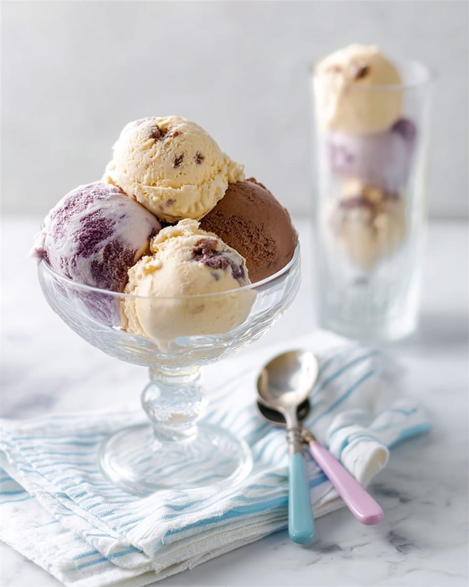 The image shows two clear glass dessert bowls each filled with three scoops of ice cream. The front bowl has scoops of creamy beige with purple swirls on top left, light creamy brown on top right, and dark brown at the bottom right. The back bowl holds a scoop of purple and white on top, beige with purple swirls on the left, and creamy beige in the center. Both bowls are placed on a white cloth on a white marbled surface. Two silver spoons with white and pink handles rest beside the bowls, and a woman's hand is gently holding one of the spoons. The background is plain white with soft lighting. photo taken with an iphone --ar 4:5 --v 7