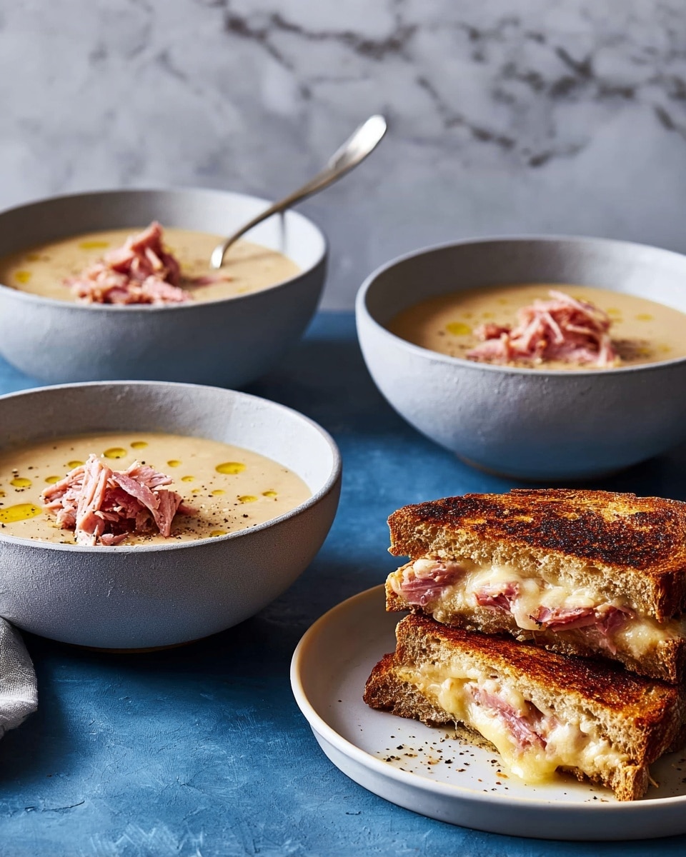 The image shows three grilled cheese sandwiches stacked on a white plate with golden-brown toasted bread and melted cheese oozing out between the crispy layers with bits of shredded meat inside. Next to the plate are three white bowls filled with creamy beige soup, topped with chunks of pink shredded meat, a drizzle of oil, and a sprinkle of black pepper. One bowl has a spoon inside it, and the whole setting is placed on a white marbled surface with a brown chair in the background. photo taken with an iphone --ar 4:5 --v 7