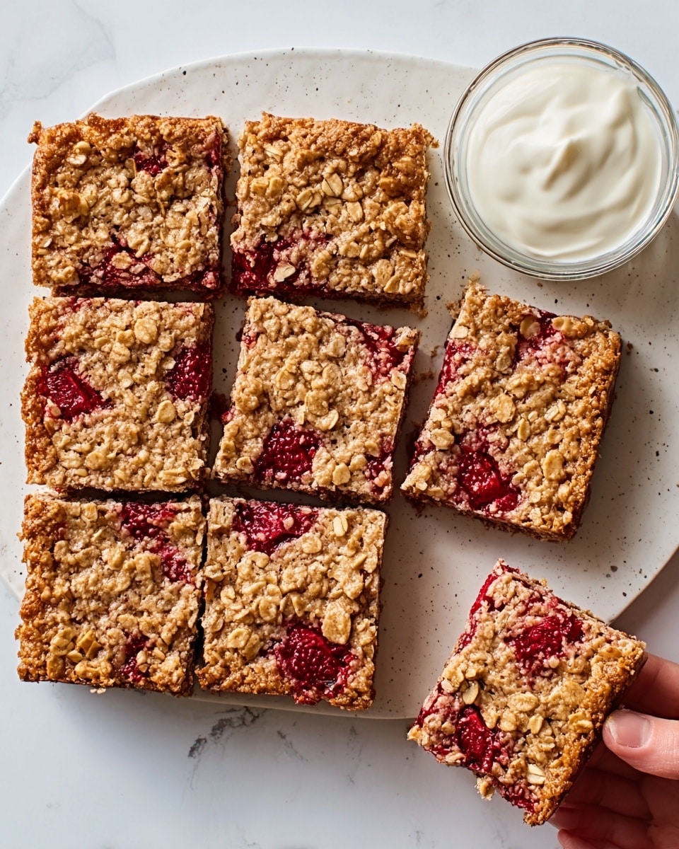 The image shows nine rectangular oat bars on a white marbled surface, arranged in a loose grid. Each bar has a rough, golden-brown oat layer on top with bright red raspberry patches unevenly spread inside the bars, giving a soft and chewy texture. One bar is slightly separated from the others, and bits of oat crumbs are scattered around. On the right side of the image, there is a clear glass bowl filled with white yogurt. The overall look is fresh and rustic. photo taken with an iphone --ar 4:5 --v 7