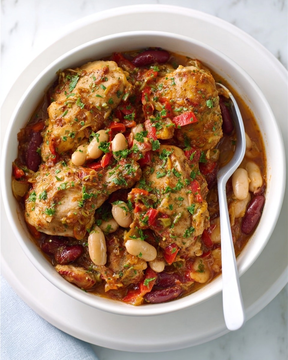 A white round ceramic dish filled with several pieces of cooked chicken coated in a thick, reddish-orange sauce, garnished with small green herb bits. The dish also contains visible white beans and dark red kidney beans mixed with finely chopped pieces of red bell pepper, all immersed in the sauce that has a rich texture. A white spoon resting inside the dish holds one piece of chicken, the bowl sits on a flat, white marbled surface. Photo taken with an iphone --ar 4:5 --v 7