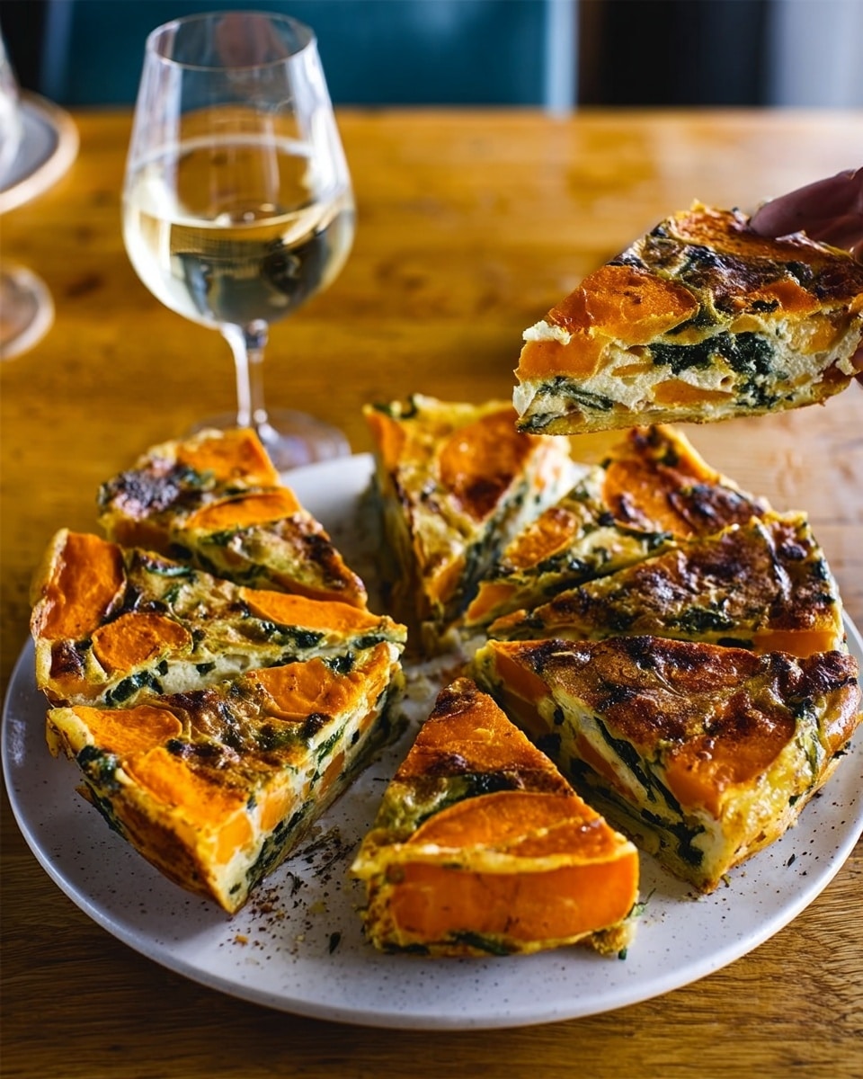 A white plate holds a round frittata cut into 10 triangular slices arranged in a circle. Each slice shows layers of golden brown on top with bright orange sweet potato or pumpkin layers and green leafy vegetables inside. The frittata has a slightly rough, cooked texture with some seasoning sprinkled on top. A filled clear wine glass is placed near the plate on a wooden table, and part of a woman's hand is visible holding one slice. Photo taken with an iphone --ar 4:5 --v 7