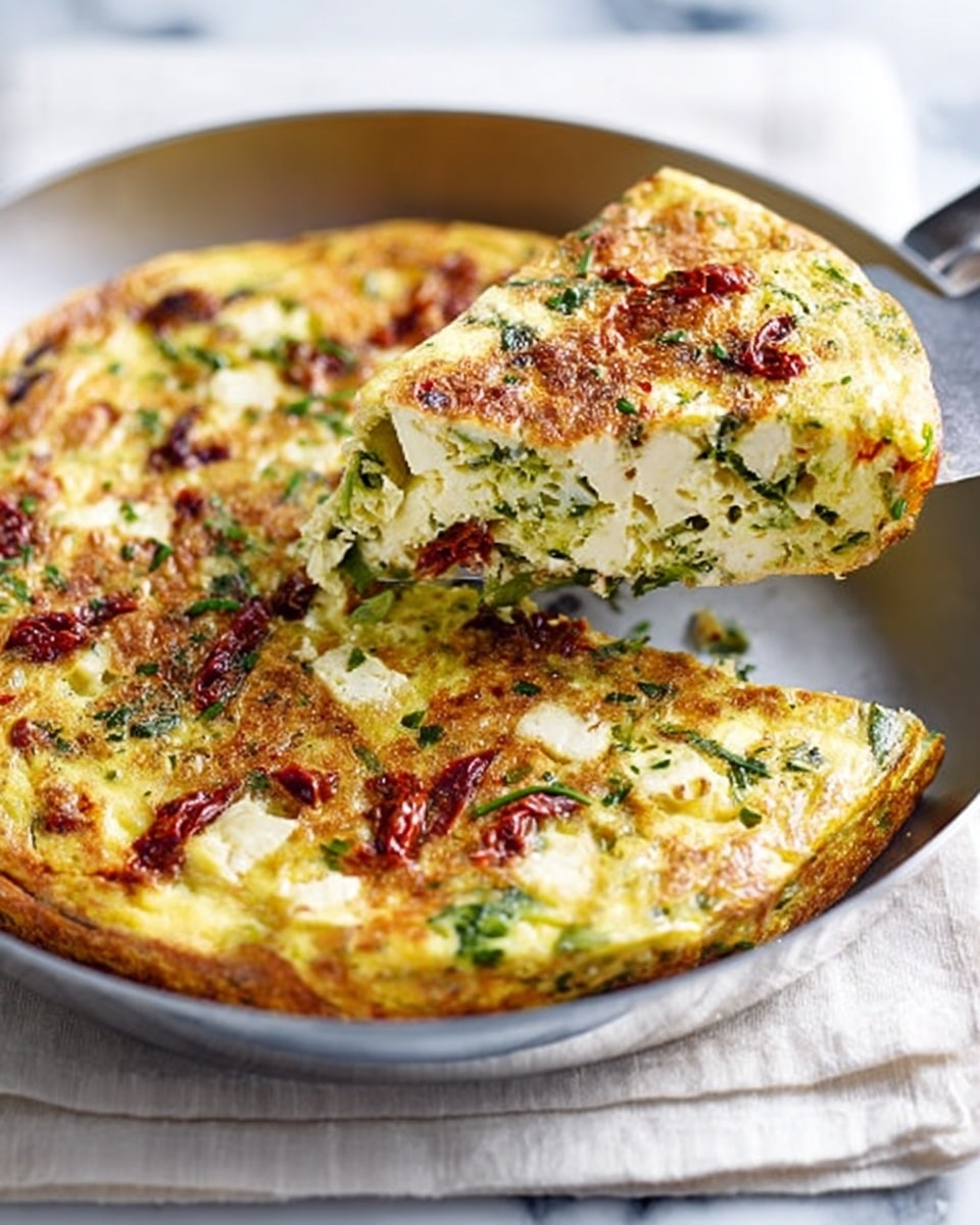 The image shows a round, golden-brown frittata in a silver pan resting on a white marbled surface with a light cloth underneath. The frittata has a slightly crispy top layer with visible green herbs and bits of red sun-dried tomatoes scattered across it. One slice of the frittata is being lifted by a spatula, revealing a thick, soft inside filled with white cheese cubes, green vegetables, and small pieces of herbs. The edges of the frittata are nicely browned, while the center looks moist and fluffy. photo taken with an iphone --ar 4:5 --v 7