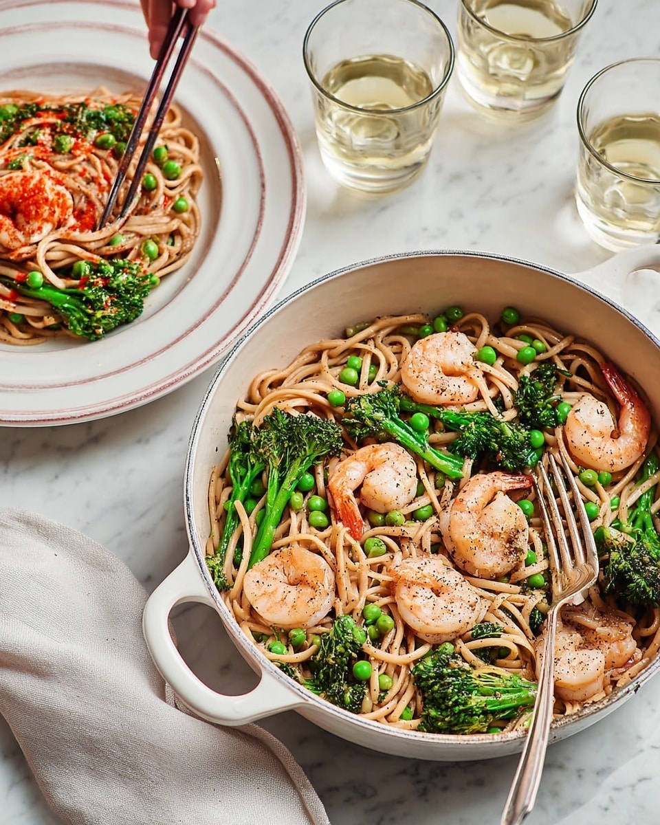 A white pot filled with long brown noodles mixed with bright green peas and fresh broccolini, topped with pink cooked shrimp sprinkled with black pepper, with a silver fork resting inside. Next to the pot is a white bowl holding a smaller portion of the same noodle dish, garnished with a drizzle of red sauce over the shrimp. Two clear glasses filled with a light yellow drink are placed behind the pot. The setting is on a white marbled surface with a silver fork laid beside the pot. photo taken with an iphone --ar 4:5 --v 7