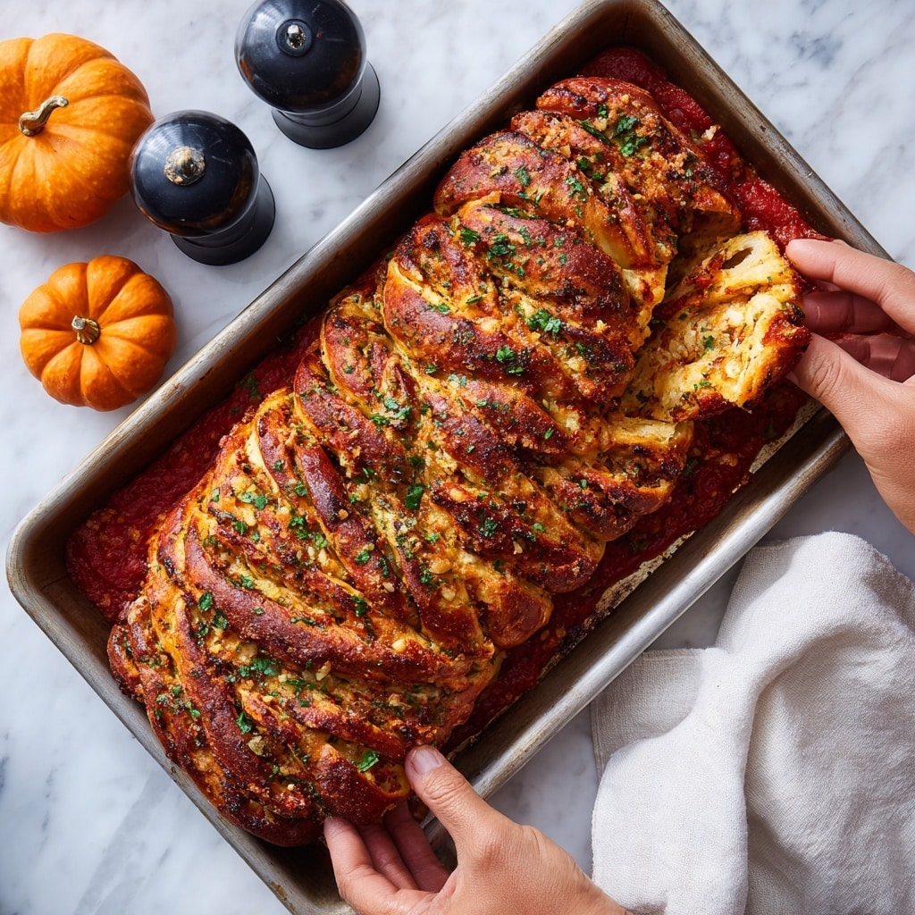 A rectangular baking pan holds a large, twisted golden-brown bread with a rough texture, speckled with green herbs on the top layer. The bread sits on a thick, rich red tomato sauce that fills the entire base of the pan, providing a vibrant contrast underneath. Two dark-skinned woman's hands are breaking off a piece of the bread from the top left corner, showing a peek of the soft bread's inside. The pan is set on a white marbled surface, accompanied by a small orange pumpkin on the left and two black salt and pepper shakers. photo taken with an iphone --ar 4:5 --v 7