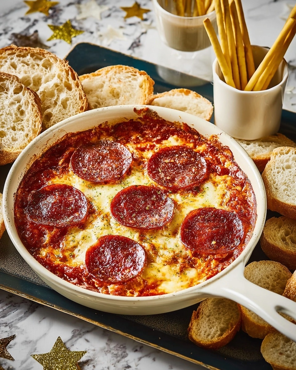 A white dish with a handle holds a pepperoni dip that has two layers: a base layer of melted cheese mixed with tomato sauce that is slightly browned and bubbly around the edges, topped with a layer of six large round pepperoni slices that are cooked and slightly crispy. The dish is placed on a dark tray with white marbled texture underneath. Surrounding the dish are several pieces of golden toasted bread, some whole and some sliced, showing their soft insides. Behind the dish are two clear glasses filled with crunchy yellow breadsticks. A light blue ribbon is loosely curled beside the dish on the tray. Photo taken with an iphone --ar 4:5 --v 7