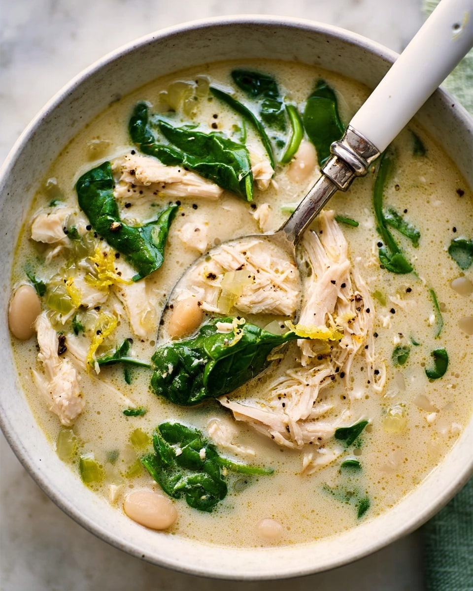 A white bowl filled with thick chicken soup showing about three main layers: a creamy light beige broth base, tender shredded white chicken pieces mixed evenly throughout, and vibrant green leafy spinach leaves scattered on top. Black pepper specks and small bits of lemon zest are sprinkled across the surface, while a silver spoon with a white handle rests inside the bowl, partially submerged in the soup to reveal some chicken and spinach. The background is a white marbled texture. photo taken with an iphone --ar 4:5 --v 7