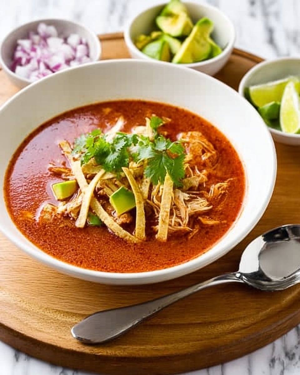 A deep white plate filled with a thick reddish-orange soup, topped in the center with shredded light brown chicken, thin pale yellow strips of fried tortilla, small bright green avocado pieces, and fresh green cilantro leaves arranged neatly. The plate sits on a wooden board with a white marbled surface underneath, surrounded by three small white bowls containing chopped red onions, diced avocado, and lime wedges. A silver spoon lies on the wooden board to the right of the plate. Photo taken with an iphone --ar 4:5 --v 7