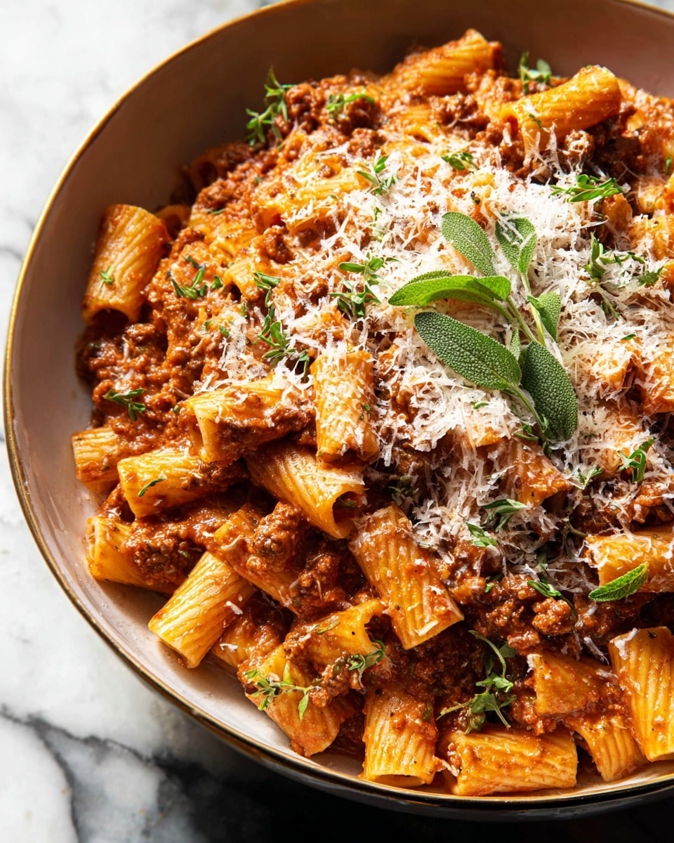 A large white bowl filled with rigatoni pasta coated evenly in a reddish-brown meat sauce, the sauce looking thick and creamy with visible chunks of ground meat. The pasta pieces are tube-shaped and lightly textured. The dish is topped with a layer of finely shredded white cheese scattered all over, and garnished with several dark green fried sage leaves and small fresh green herb sprigs on top. The bowl rests on a white marbled surface with a soft brown fabric partially visible nearby. The lighting is warm, highlighting the rich textures and colors of the dish. photo taken with an iphone --ar 4:5 --v 7