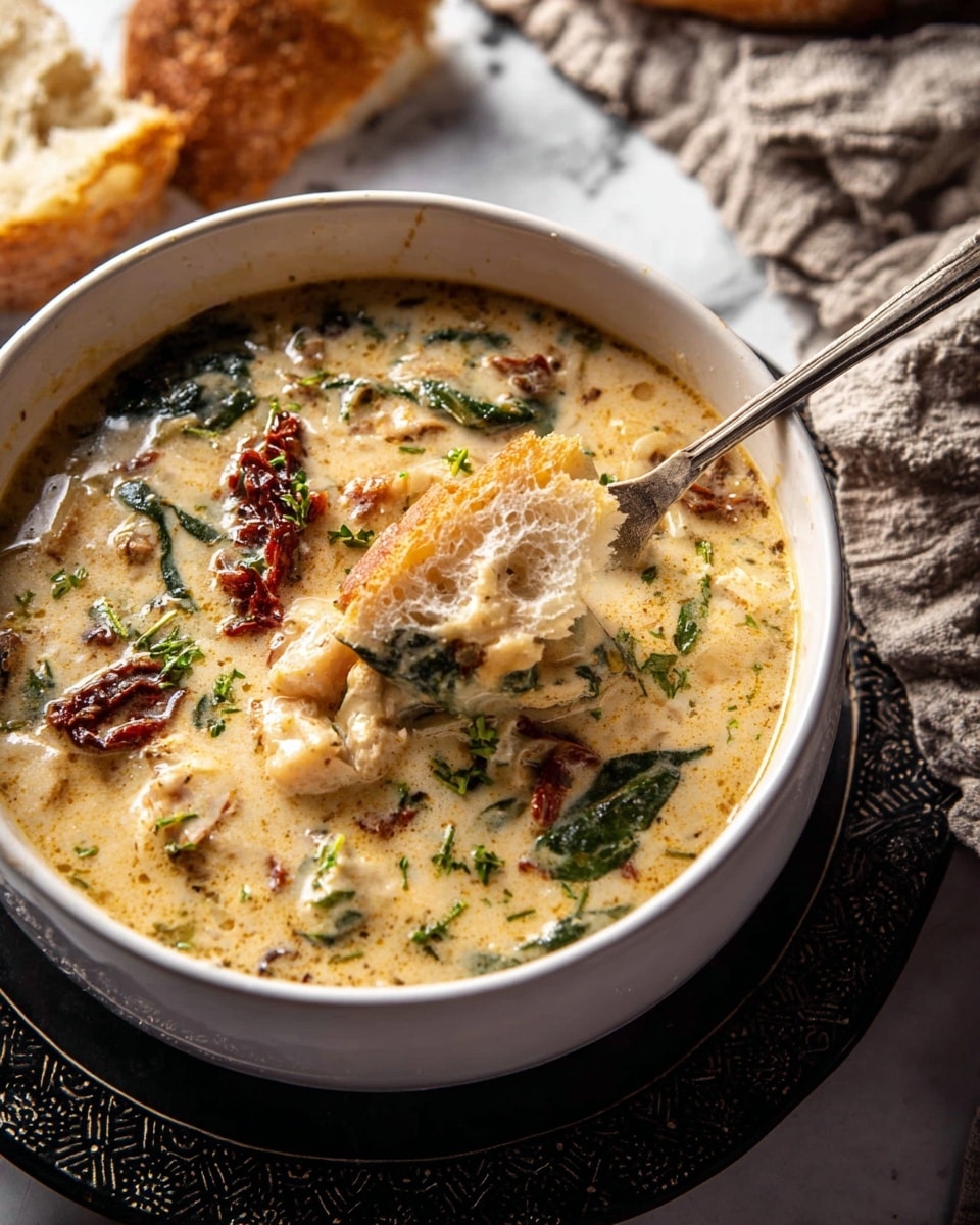 A bowl of creamy soup with visible green herbs and pieces of sun-dried tomatoes floating on top is shown, the soup has a light tan color with a slightly frothy texture. There are soft chunks of what looks like chicken or pasta within the thick broth. A silver spoon rests inside the bowl, holding a piece of torn, airy white bread with a golden crust. The white bowl has a scalloped edge and sits on a dark, ornate plate with intricate detailing, all placed on a beige cloth over a white marbled surface. In the background, a broken piece of the same bread is visible beside the bowl. Photo taken with an iphone --ar 4:5 --v 7