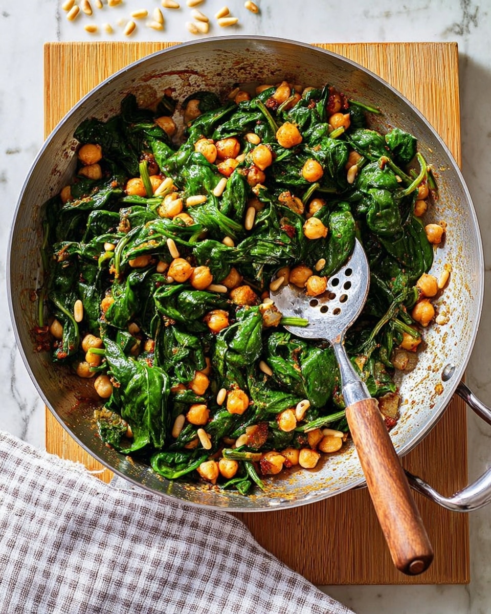 A white metal pan filled with a cooked mix of three main layers: the base layer is golden brown cooked chickpeas, the middle layer has bright green wilted spinach leaves, and the top layer is light beige pine nuts scattered around. The food looks lightly coated with oil and spices giving it a shiny texture. A metal spatula with holes rests inside the pan showing the layers clearly, and the pan sits on a wooden board over a folded checkered cloth on a white marbled surface. Some scattered pine nuts and coarse salt are visible outside the pan. Photo taken with an iphone --ar 4:5 --v 7