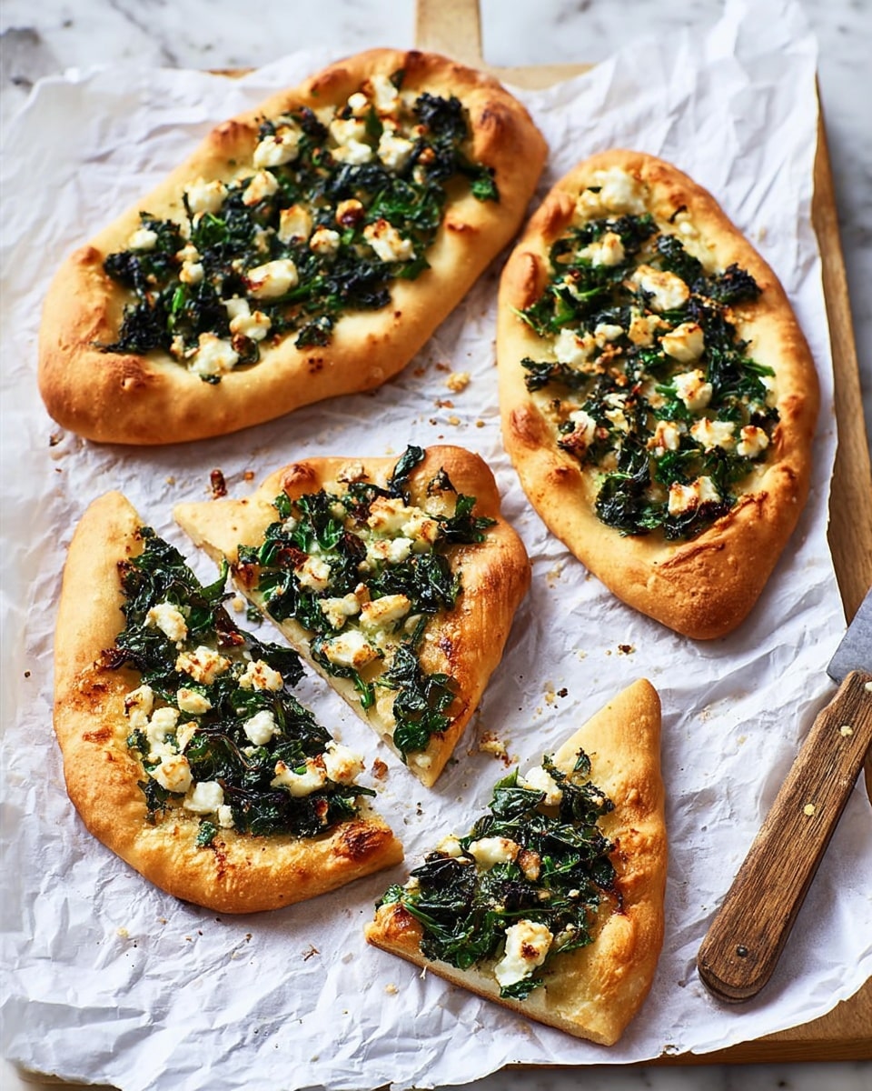 The image shows four boat-shaped flatbreads on white parchment paper, placed on a white marbled surface. Each flatbread has a golden-brown crust with thick edges that are slightly puffed. The filling layer is vibrant green spinach mixed with small white cheese chunks and a sprinkling of brown nuts or spices, spread evenly in the center of each flatbread. Two of the flatbreads are whole, while the other two are cut into halves, showing a soft, fluffy inner dough beneath the crust. A knife with a wooden handle lies near the flatbreads, adding a rustic touch. The lighting is bright and natural, highlighting the textures and colors well, photo taken with an iphone --ar 4:5 --v 7