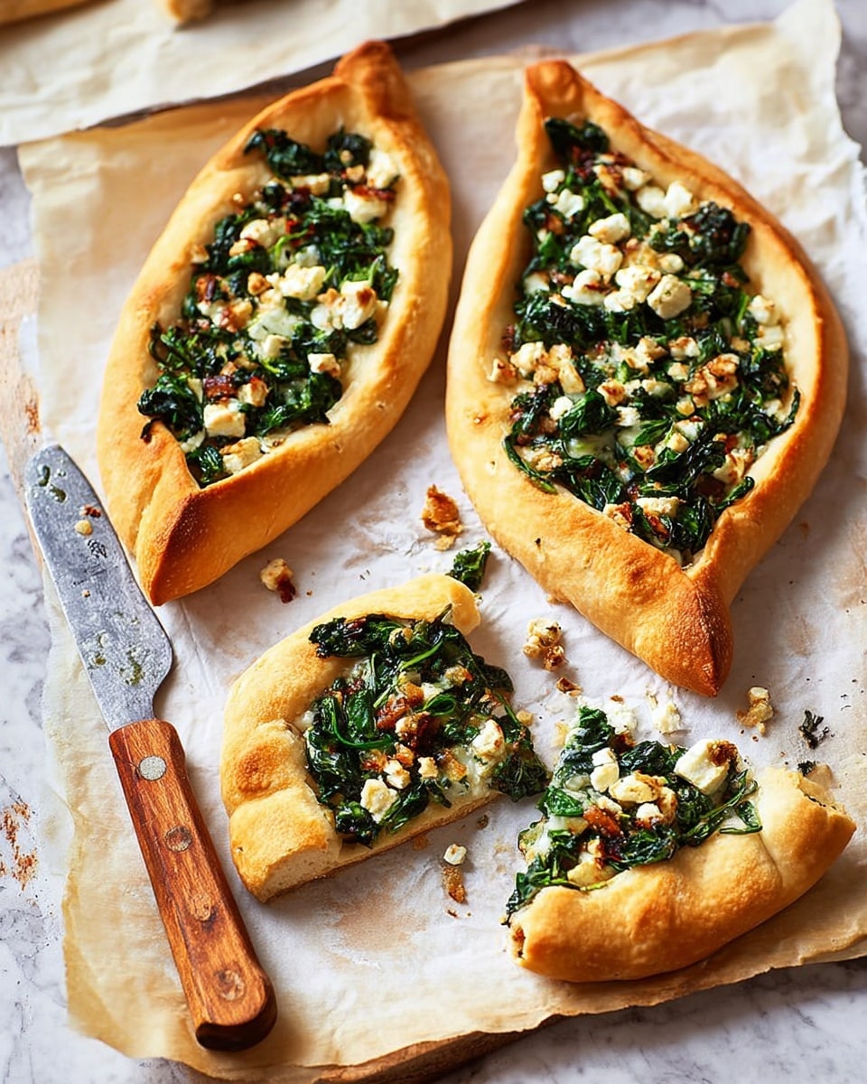 The image shows four small oval-shaped flatbreads with golden-brown crusts resting on white parchment paper. Each flatbread is topped with cooked spinach, crumbled white cheese, and small bits of browned garlic and herbs, creating a mix of dark green, white, and light brown colors on top. Two flatbreads are whole, while the other two are cut into triangular pieces, revealing the soft, fluffy interior of the dough. A knife with a wooden handle lies beside the flatbreads on the white marbled surface. photo taken with an iphone --ar 4:5 --v 7
