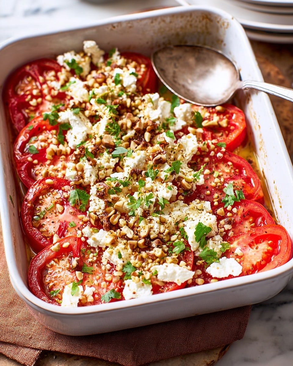 A white rectangular baking dish filled with a single layer of bright red tomato slices arranged evenly across the bottom. On top of each tomato slice, there are small chunks of white cheese, green pistachio pieces, and small sprinklings of sesame seeds and fresh green herbs. The cheese is slightly browned and melted in some spots while the nuts add a crunchy texture. A silver spoon rests on the side inside the dish. The dish is set on a wooden surface with an orange cloth nearby. photo taken with an iphone --ar 4:5 --v 7