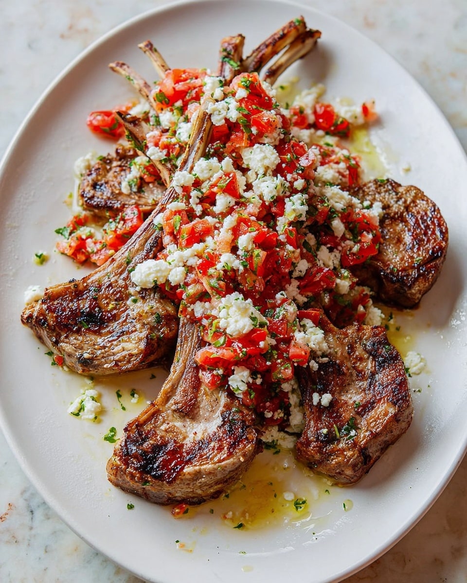 On a white oval plate, there are five grilled lamb chops arranged overlapping each other with the bones curving upward, showing a golden brown to slightly charred texture on the meat. On top and around the lamb chops, there is a fresh salad made of small cubes of bright red tomatoes mixed with crumbled white cheese and chopped green herbs, creating a colorful topping with a rough texture. A light drizzle of olive oil adds a subtle shine to the meat and salad. The plate sits on a white marbled surface. photo taken with an iphone --ar 4:5 --v 7