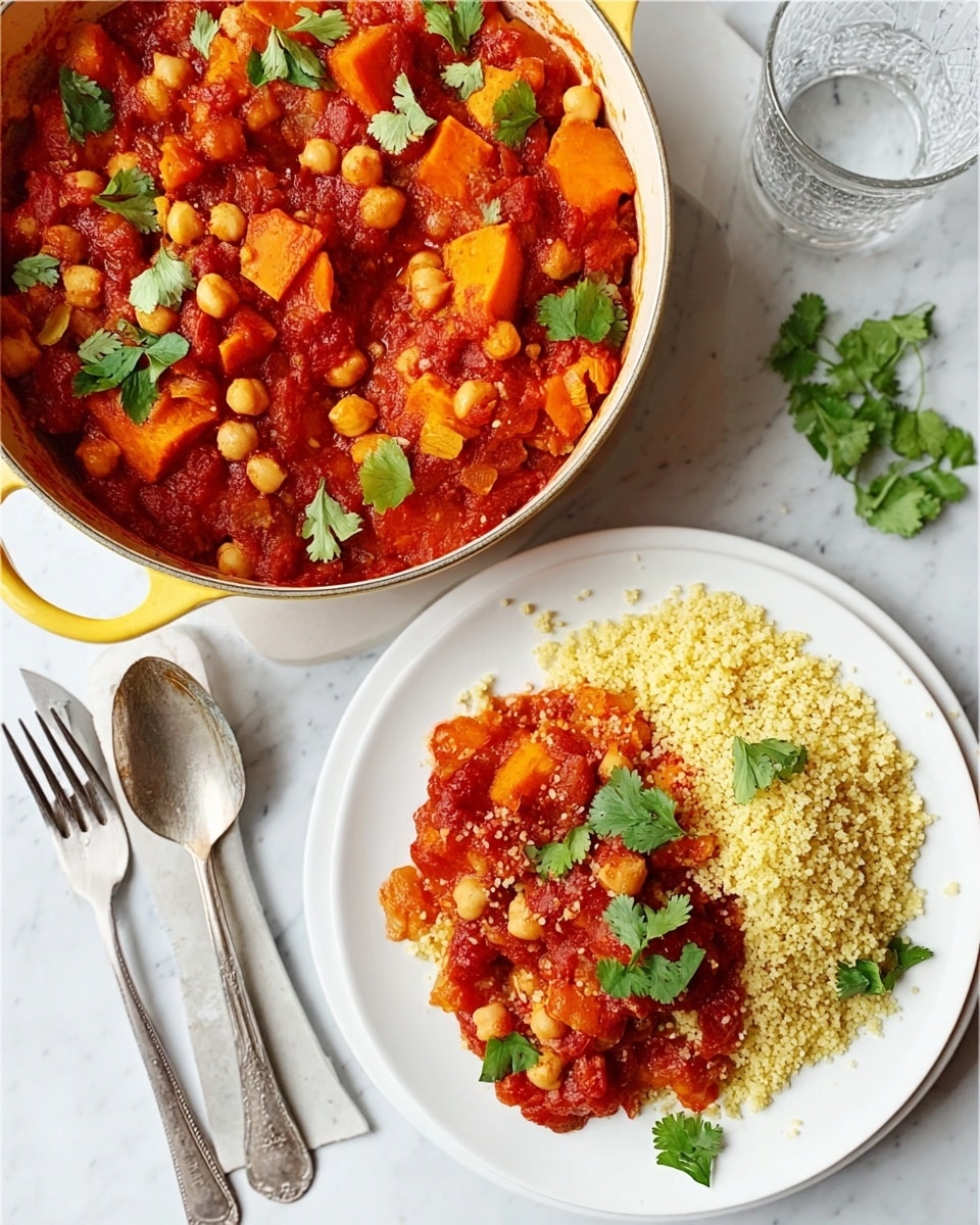 The image shows a white plate with two layers: a base layer of pale yellow couscous with a grainy texture covering most of the plate, and a top layer of chunky stew with a thick, deep red tomato sauce filled with chickpeas, sweet potato chunks, and diced vegetables. A few green cilantro leaves are scattered over the stew. To the right side, there is a large white pan with yellow handles holding more of the stew, also topped with cilantro leaves. The setup is on a white marbled surface, with a set of silver utensils below the plate and a glass of water and a yellow drink nearby. Photo taken with an iphone --ar 4:5 --v 7