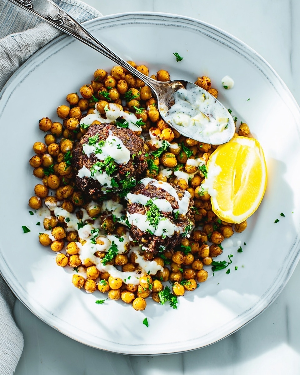 A white plate on a white marbled surface holds two dark brown falafel patties topped with white sauce and chopped green herbs, resting on a bed of cooked golden chickpeas spread evenly across the plate. To the right of the falafel is a small wedge of light yellow lemon. A silver spoon is placed on the right side of the plate with its handle extending outwards. A red and white checkered cloth is partially visible at the upper right corner. Photo taken with an iphone --ar 4:5 --v 7