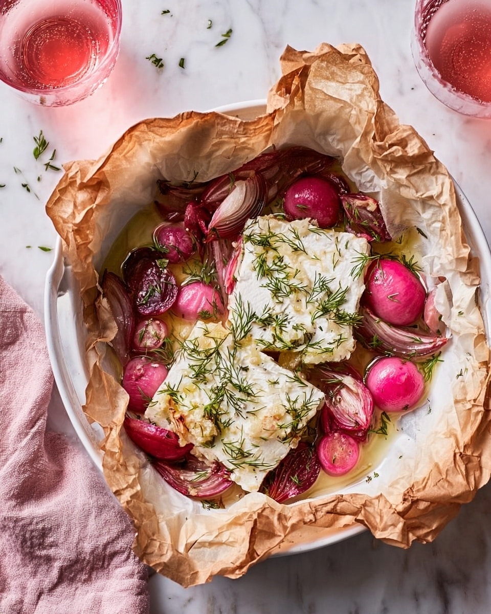 A white parchment paper-lined dish holds two large, rectangular pieces of soft, creamy white cheese as the main layer. Around and partially on top of the cheese, there are deep red-purple cooked radishes and thin slices of pink onions with a slight shine, mixed with fresh bright green herb sprigs scattered evenly on top. The parchment paper edges are golden brown and crumpled around the food. The dish is placed on a white marbled surface, and there is a clear glass with a pink beverage in the top right corner, as well as a small white plate with some bread on the bottom right. photo taken with an iphone --ar 4:5 --v 7