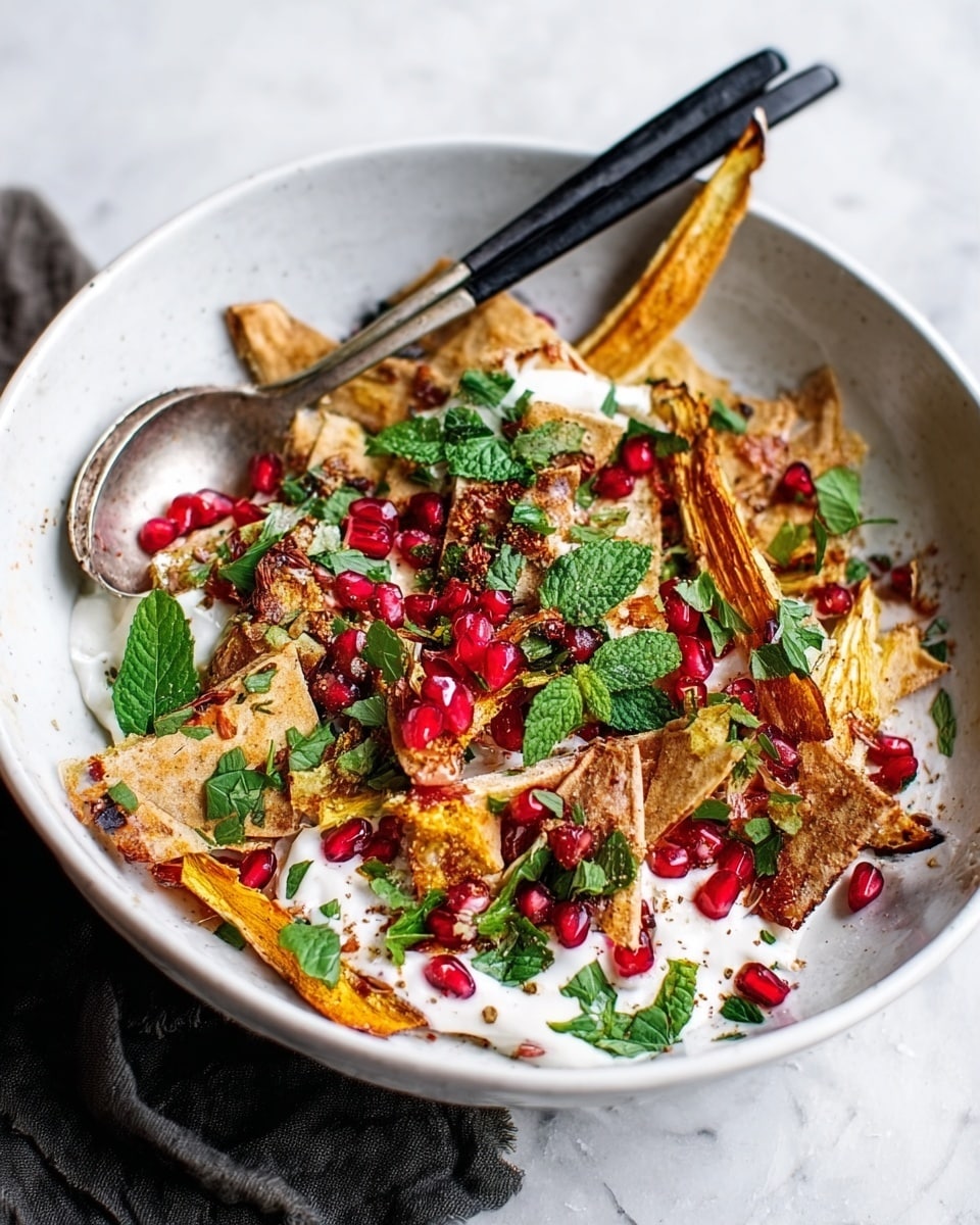 A white bowl filled with a colorful layered salad sits on a gray cloth over a white marbled surface. The bottom layer consists of golden-brown crispy chips or toasted bread pieces scattered unevenly. Over these are creamy white dollops of sauce spread throughout, giving a smooth and thick texture. Bright red pomegranate seeds are sprinkled all over, adding a fresh pop of color. Fresh green herbs, including chopped parsley and whole mint leaves, are placed on top, adding a leafy texture. Thin, long strips of roasted parsnip or root vegetable with golden edges are visible, adding height to the dish. Two black chopsticks rest on the bowl's edge with a silver spoon partially inside the bowl. photo taken with an iphone --ar 4:5 --v 7