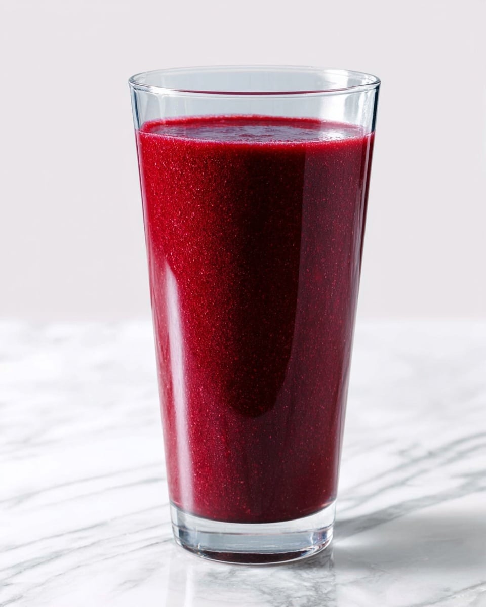 The image shows a tall clear glass filled with a thick, deep red smoothie. The drink has a smooth texture with tiny bits visible inside, giving it a fresh blended look. The glass is placed on a white marbled surface, with a clean and simple style. The top layer is flat and shiny, showing the fresh liquid inside. photo taken with an iphone --ar 4:5 --v 7