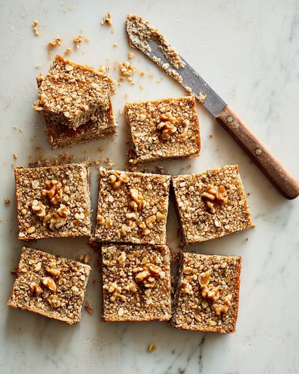 Eight square pieces of nut and seed bars are scattered on a white marbled surface. Each bar is golden brown with a rough texture, topped with visible whole and broken walnuts, and small seeds giving a crunchy look. A knife with a metal blade and wooden handle rests behind some of the bars. The bars vary slightly in size and are arranged casually. Photo taken with an iphone --ar 4:5 --v 7