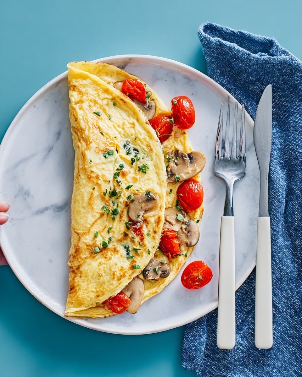 The image shows a white plate with a folded omelet. The omelet is light yellow with green herbs mixed inside. The filling is visible on one side, with bright red cherry tomatoes and sliced beige mushrooms peeking out. The plate also has a white fork and knife placed next to the omelet on the right side. The plate is on a white marbled surface with a dark blue cloth napkin nearby. photo taken with an iphone --ar 4:5 --v 7