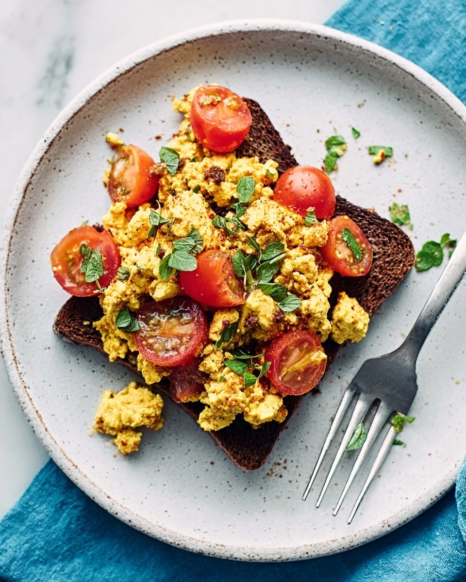 The image shows a white plate on a white marbled surface with a square piece of dark brown toast in the center. On top of the toast, there is a colorful layer of scrambled eggs mixed with sliced bright red cherry tomatoes and fresh green herbs scattered throughout. The texture of the eggs looks soft and fluffy, contrasting with the firm toast below. A silver fork rests on the right edge of the plate, angled toward the toast. photo taken with an iphone --ar 4:5 --v 7