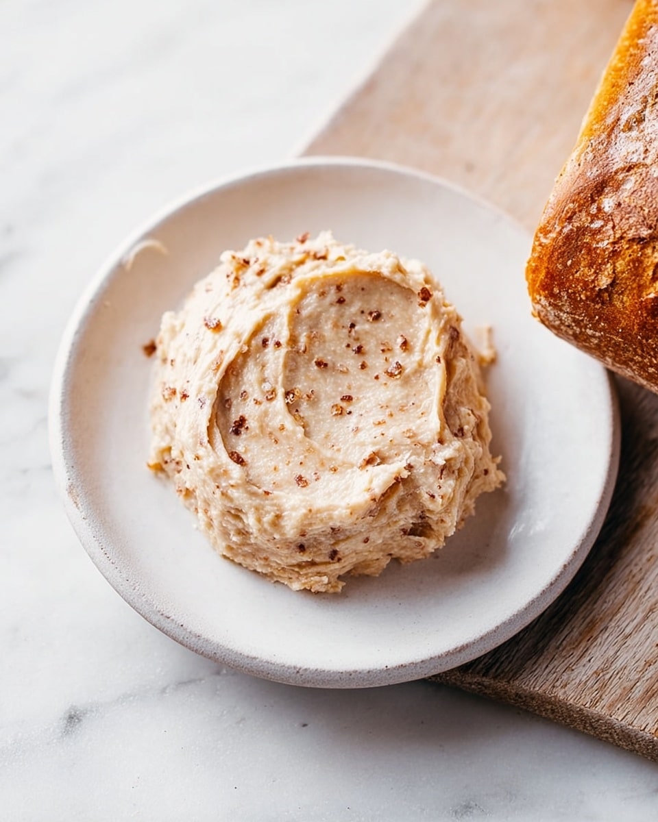 A white plate holds a single scoop of light beige almond butter with visible small brown flecks throughout, giving it a slightly chunky texture. To the right, part of a golden brown loaf of bread sits partially in the frame, resting on a white marbled surface. The almond butter's creamy and slightly grainy appearance contrasts softly with the smooth bread crust, creating a simple and natural scene. Photo taken with an iphone --ar 4:5 --v 7