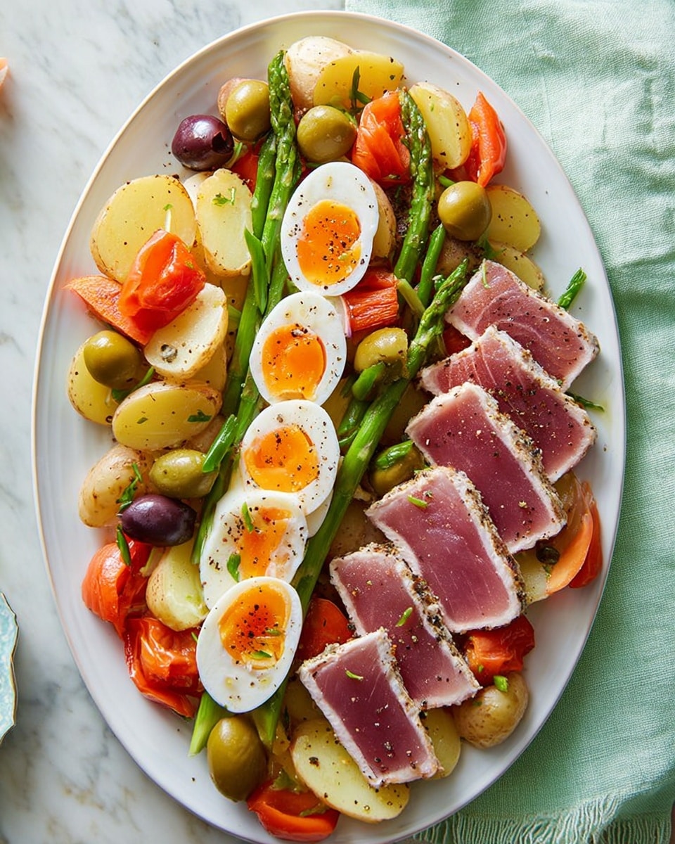 On a white oval plate, there is a colorful layered salad with several distinct parts: at the bottom, oval slices of white and yellow baby potatoes scattered across, mixed with quartered red tomatoes and dark purple olives; bright green asparagus spears placed diagonally and evenly throughout the salad; halved soft-boiled eggs with bright orange yolks and white edges evenly spaced on top; thin slices of seared pink tuna with a white outer edge layered in one area; and scattered green caper berries adding small pops of color. The dish is lightly drizzled with a golden dressing that gives a slight shine to the ingredients. The entire plate sits on a cloth napkin and a white marbled surface. photo taken with an iphone --ar 4:5 --v 7