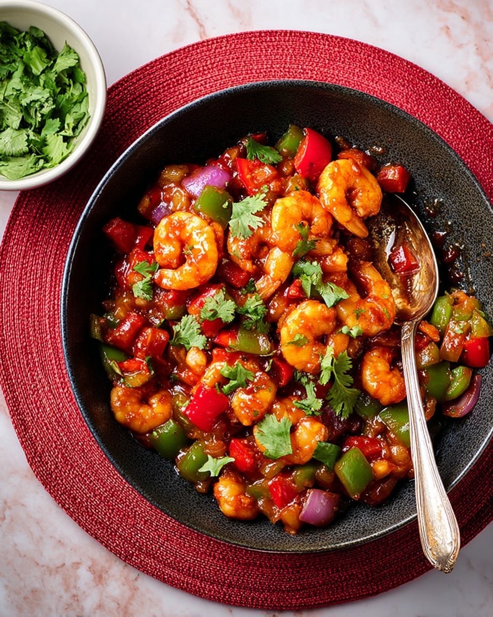 A black bowl filled with a colorful shrimp stir-fry dish sits on a red woven placemat over a white marbled surface. The dish has about three layers: at the bottom, succulent golden-brown shrimp coated with sauce; mixed in and on top are chopped red onions and bright red and green bell peppers, all covered in a glossy, rich red sauce. Fresh green cilantro leaves are sprinkled over the top, adding a fresh touch. A silver spoon is placed inside the bowl, partially submerged in the food, and a small white bowl with fresh cilantro leaves is placed to the left side. photo taken with an iphone --ar 4:5 --v 7