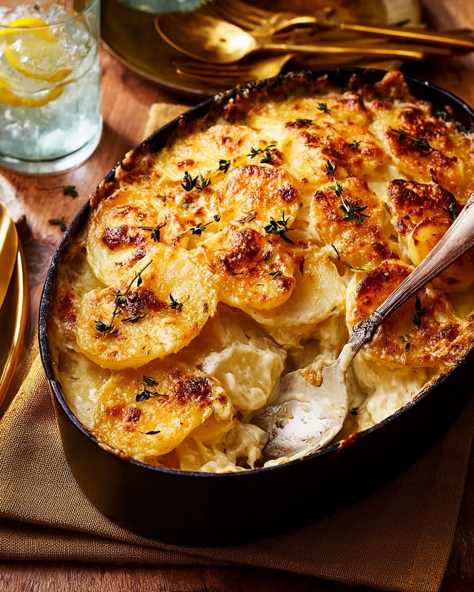 The dish is a baked potato gratin served in a black oval casserole dish. It has about two visible layers: the bottom layer consists of pale yellow creamy potatoes, while the top layer is golden brown potato slices with a crispy, slightly charred cheese crust sprinkled with small green herb leaves. A silver spoon rests inside the dish, scooping some of the creamy potatoes beneath the top crust. The casserole dish sits on a natural wooden table next to a folded brown cloth napkin, with a set of gold fork and knife beside it. In the background, there is a glass of water with ice and a lemon wedge, all on a white marbled texture photo taken with an iphone --ar 4:5 --v 7