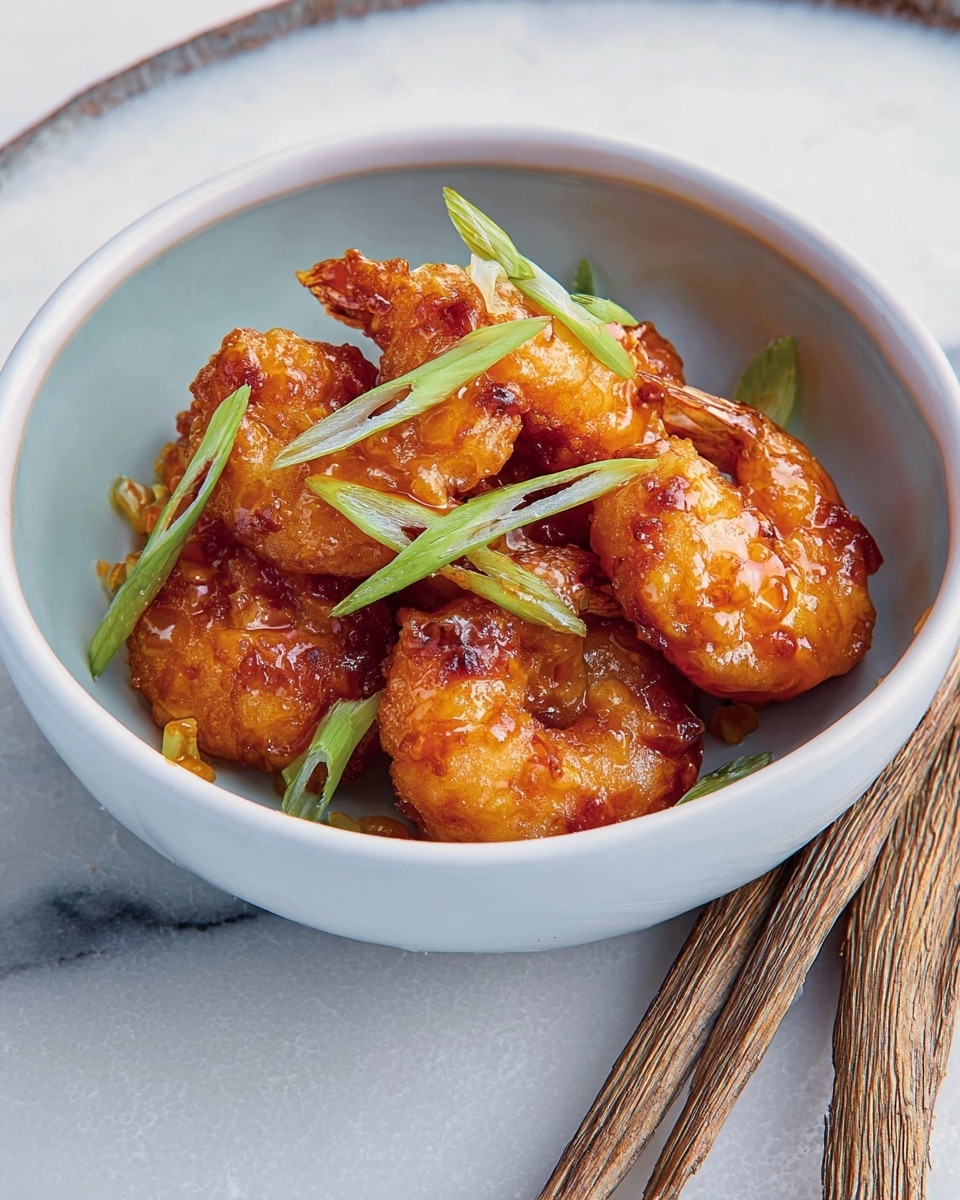 The image shows a white bowl filled with about seven pieces of golden-brown fried shrimp, coated in a glossy orange sauce with small red chili pieces. The shrimp are topped with thinly sliced fresh green onions scattered on top. The bowl rests on a larger white plate, and the surface around has a white marbled texture with some wooden skewers placed beside the bowl. The lighting highlights the crispy texture of the shrimp and the shine on the sauce, giving an appetizing look. Photo taken with an iphone --ar 4:5 --v 7