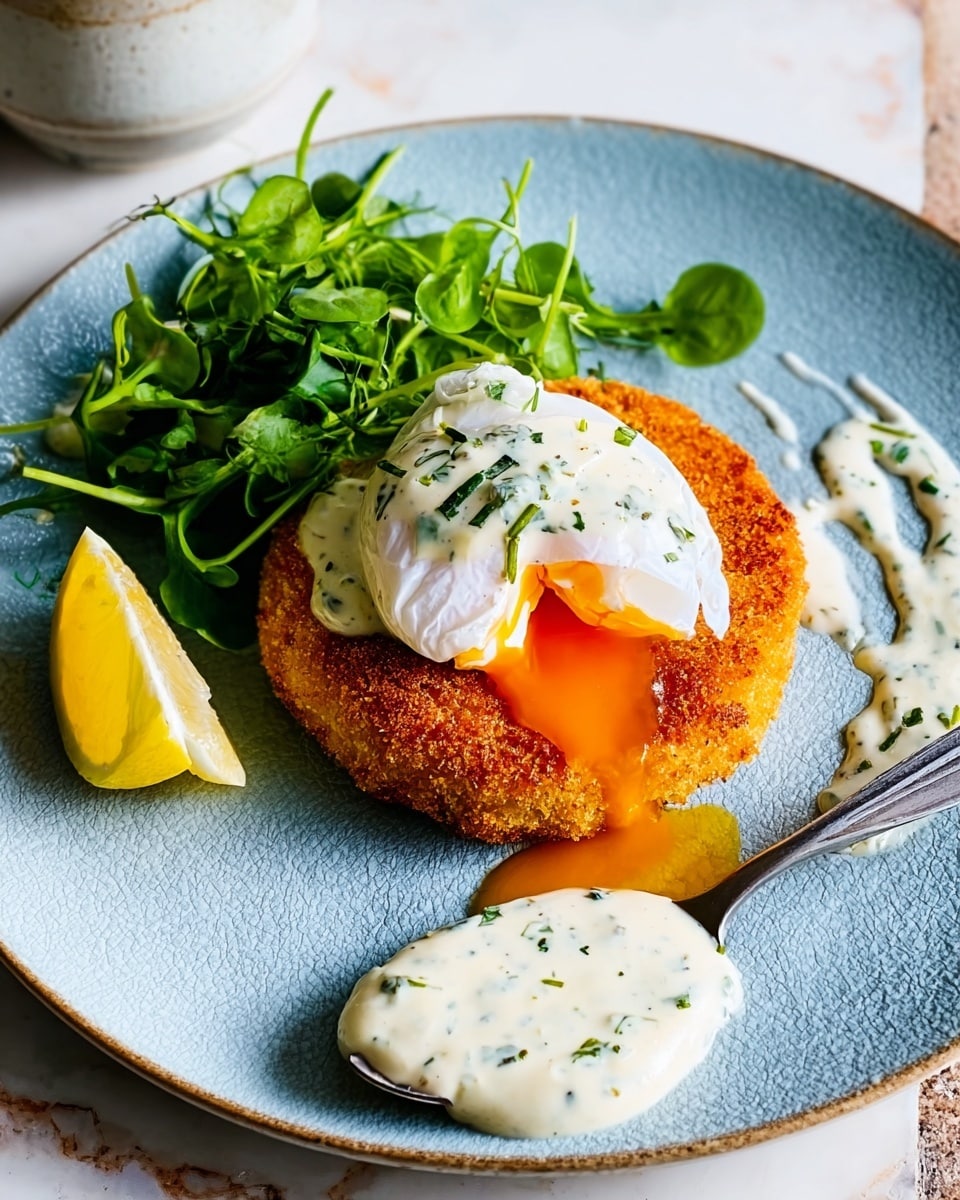 A light blue, round plate on a white marbled surface holds a golden-brown, crispy breaded patty at the center. On top of the patty sits a perfectly poached white egg with a runny orange yolk spilling out. To the side of the patty is a light green leafy garnish and a small lemon wedge. A thick dollop of creamy, white sauce speckled with green herbs is spread along the right edge of the plate. The scene is well-lit and focused. photo taken with an iphone --ar 4:5 --v 7