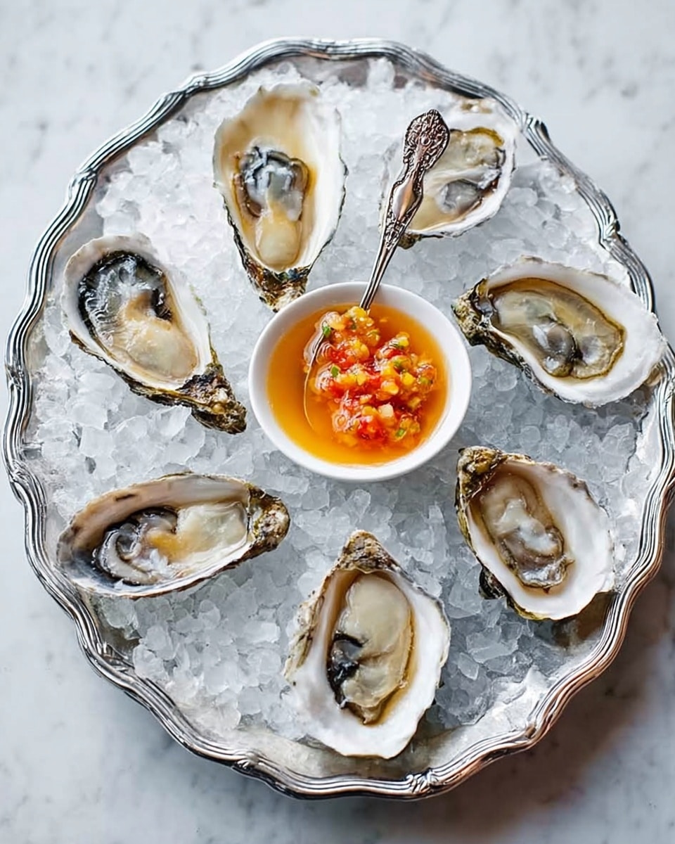 A silver scalloped tray filled with crushed ice holds seven opened oysters arranged in a circle. Each oyster shell is white and rough on the edges, containing soft, glossy oyster meat in shades of cream, beige, and light gray. In the center of the tray, there is a small white bowl filled with a reddish-orange sauce with visible diced ingredients and a silver spoon resting inside. The tray is placed on a white cloth over a white marbled surface. Photo taken with an iphone --ar 4:5 --v 7