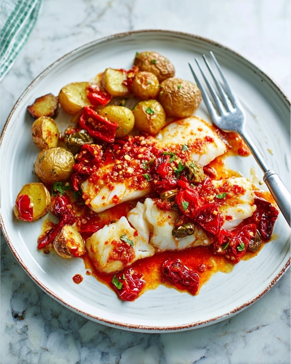 The dish features a white plate holding a simple meal with three main parts: a piece of white fish fillet topped with a chunky bright red sauce made from finely chopped red peppers and spices; next to the fish are small roasted golden potatoes with a slightly crispy skin; scattered around and mixed with the potatoes are whole roasted red chili peppers adding bright red color and texture contrast. A silver fork rests on the right side of the plate. The plate is set on a white marbled surface. photo taken with an iphone --ar 4:5 --v 7