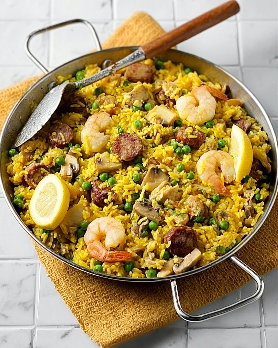 A large round metal pan filled with yellow rice mixed with green peas, small shrimp, and pieces of brown sausage. The rice looks soft and fluffy, with mushrooms scattered around. Two lemon wedges sit on the right side of the pan. A metal spoon with a wooden handle rests inside the pan, slightly lifting some rice. The pan is on a yellow cloth, which is placed on a white marbled surface with rectangular tiles in the background. photo taken with an iphone --ar 4:5 --v 7